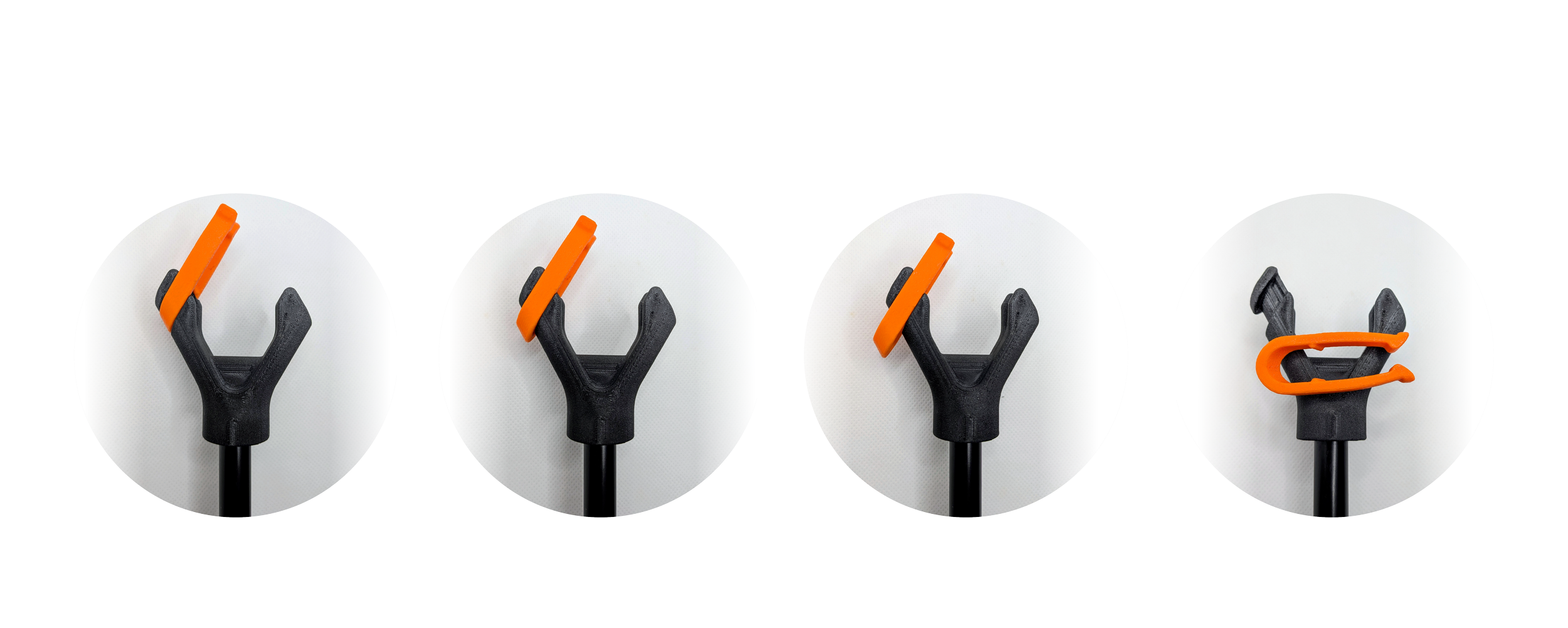 Four images showing the steps to attach an orange plastic clip to a black clipr head.