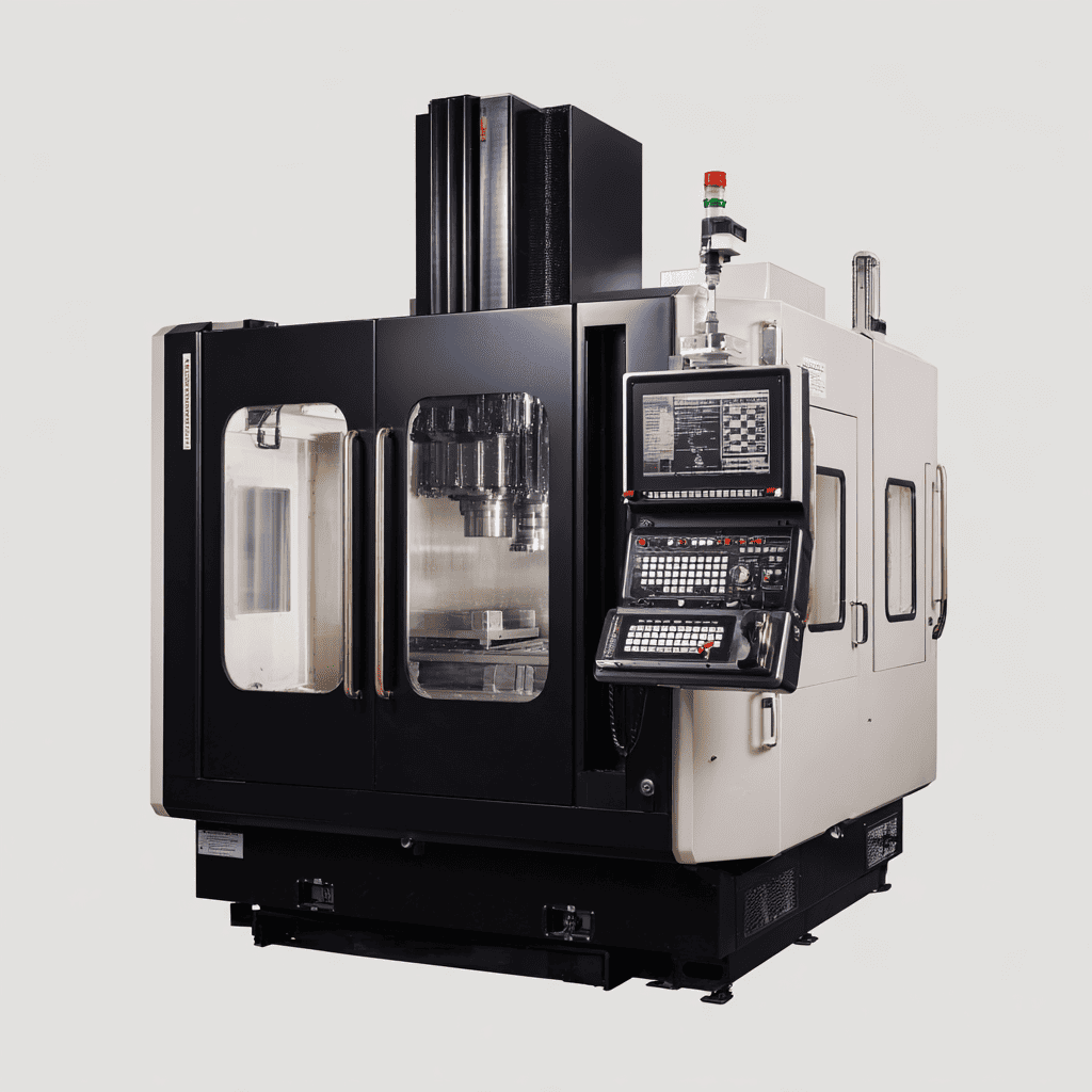 Macchina CNC industriale con controller e schermi digitali.