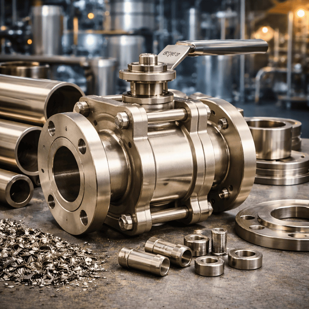 Componenti metallici industriali, tra cui valvola e tubi, su un banco di lavoro in un'officina.