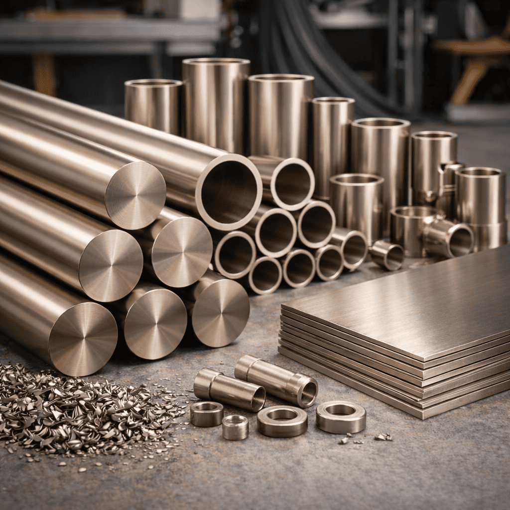 Tubi di metallo, rondelle e fogli di acciaio in un'officina.