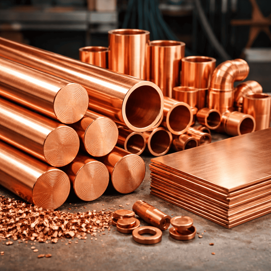 Tubi, raccordi e lastre di rame di vario tipo in un ambiente di lavorazione.