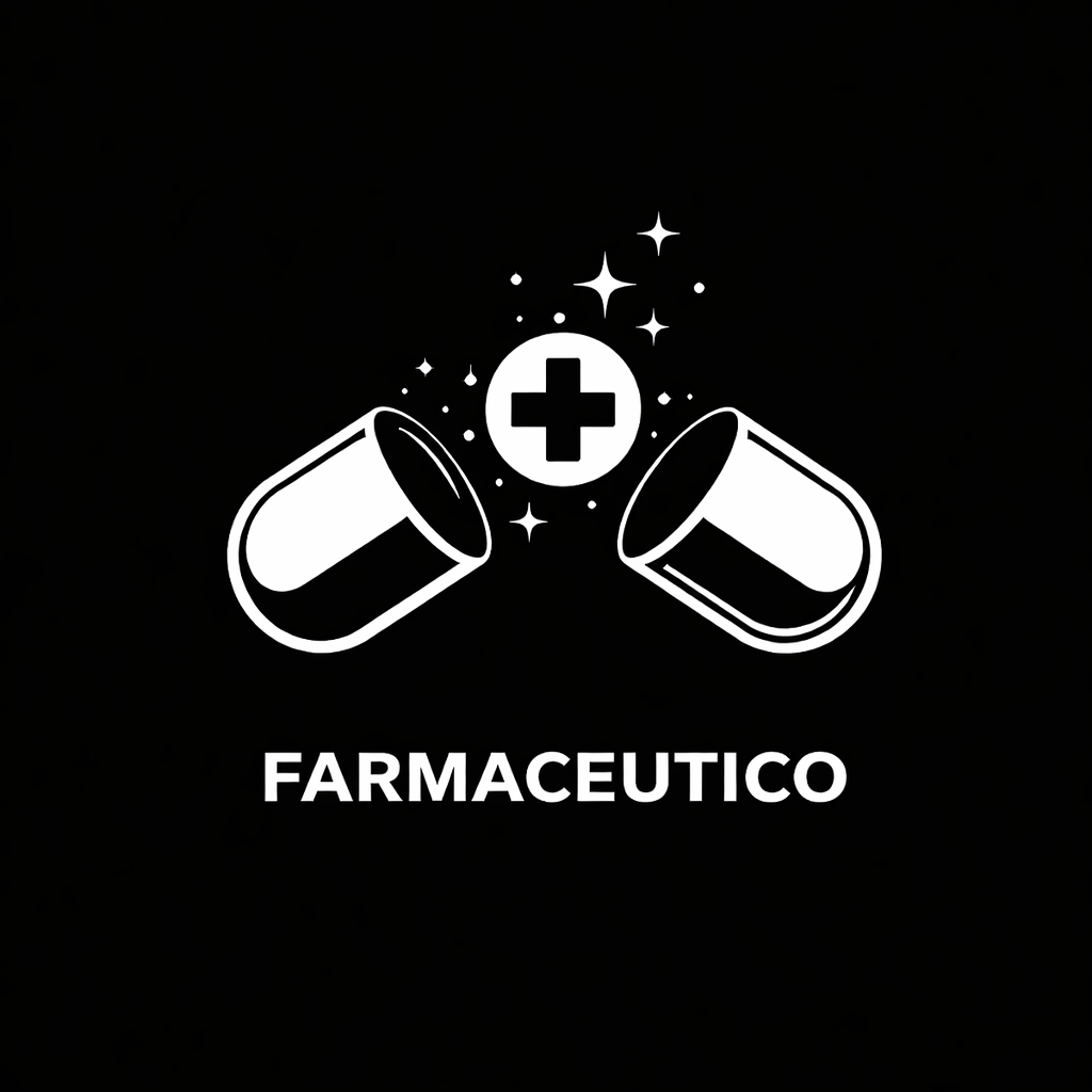 Simbolo di due capsule e un cerchio con un croce medica, con più stelle intorno, sopra la scritta "FARMACEUTICO".