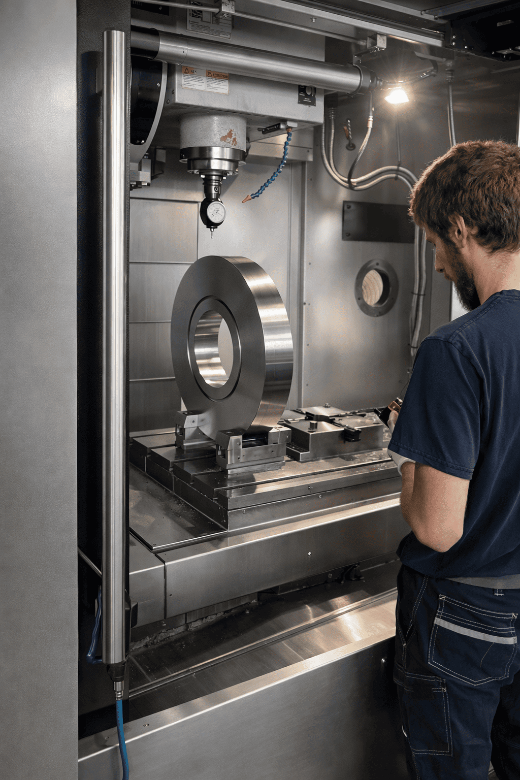 Un uomo in piedi davanti a una macchina utensile industriale con un pezzo di metallo cilindrico sospeso nel centro della macchina.