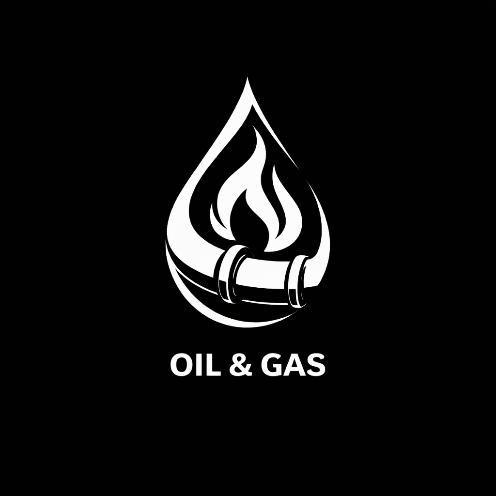 Simbolo stilizzato di una goccia con una fiamma al suo interno, che rappresenta olio e gas, su sfondo nero con la scritta "OIL & GAS" sotto.