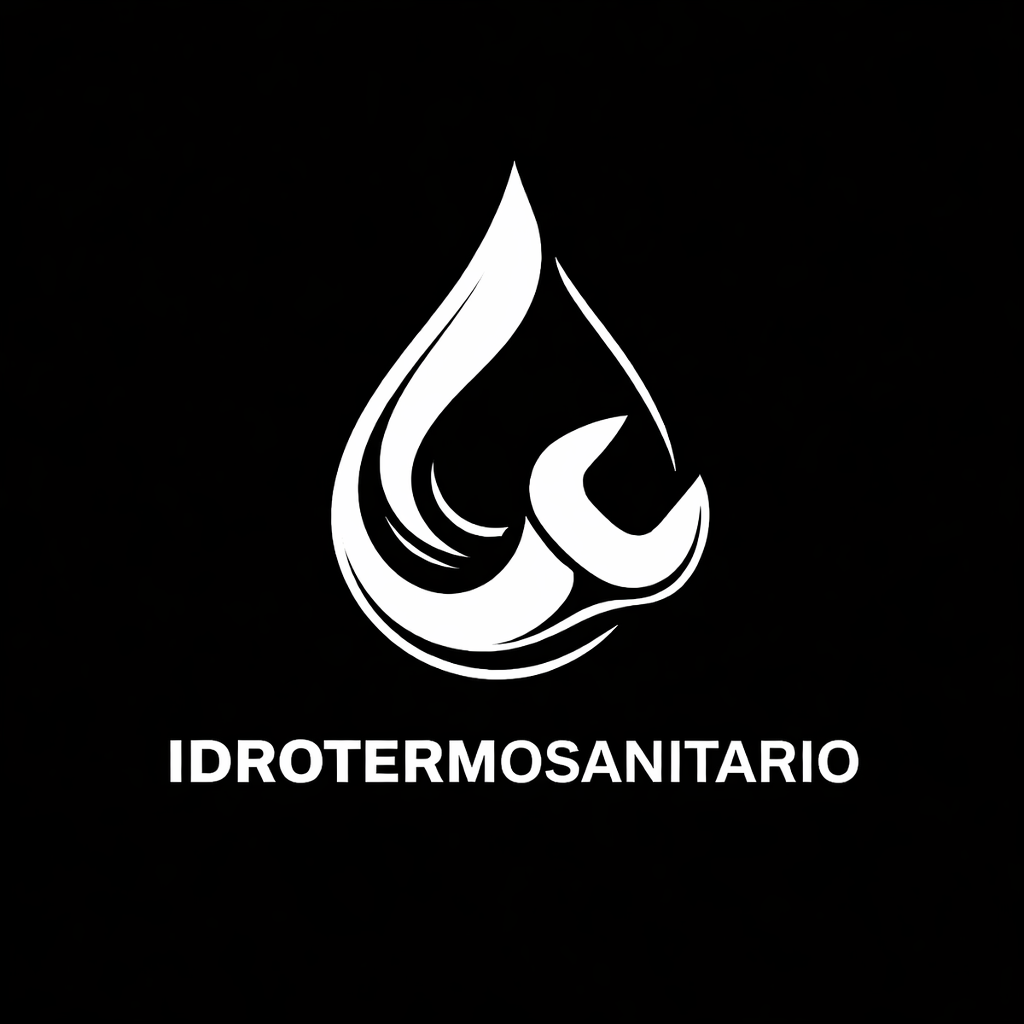 Simbolo di una goccia con linee decorative e la scritta 'IDROTERMOSANITARIO' sotto, su sfondo nero.