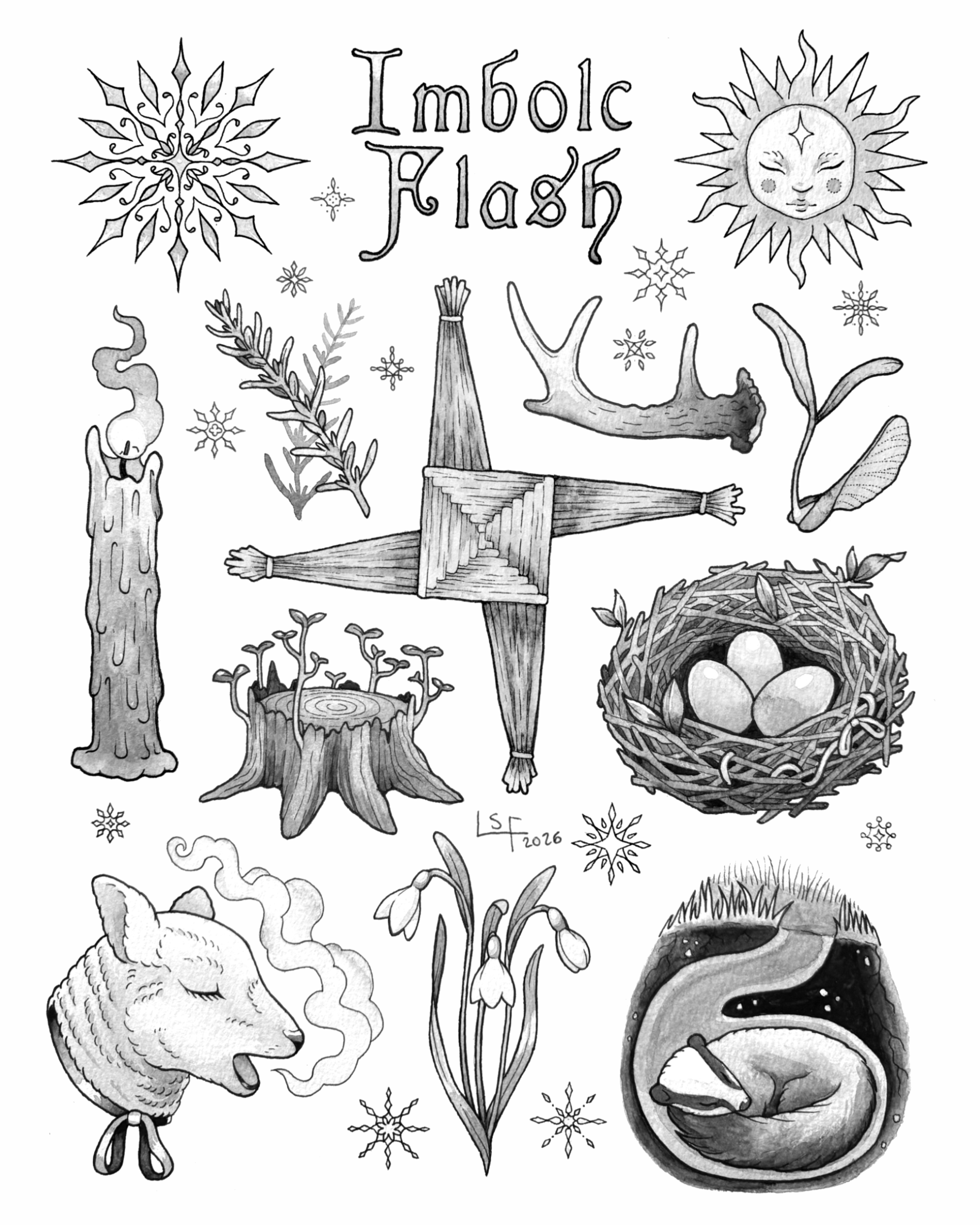Black and white drawing with various symbolic elements for Imbolc, including a snowflake, a sun with a face, a lit candle, a bundle of herbs, St. Brigid’s Cross, a bird's nest with eggs, snowflakes, and a lamb.