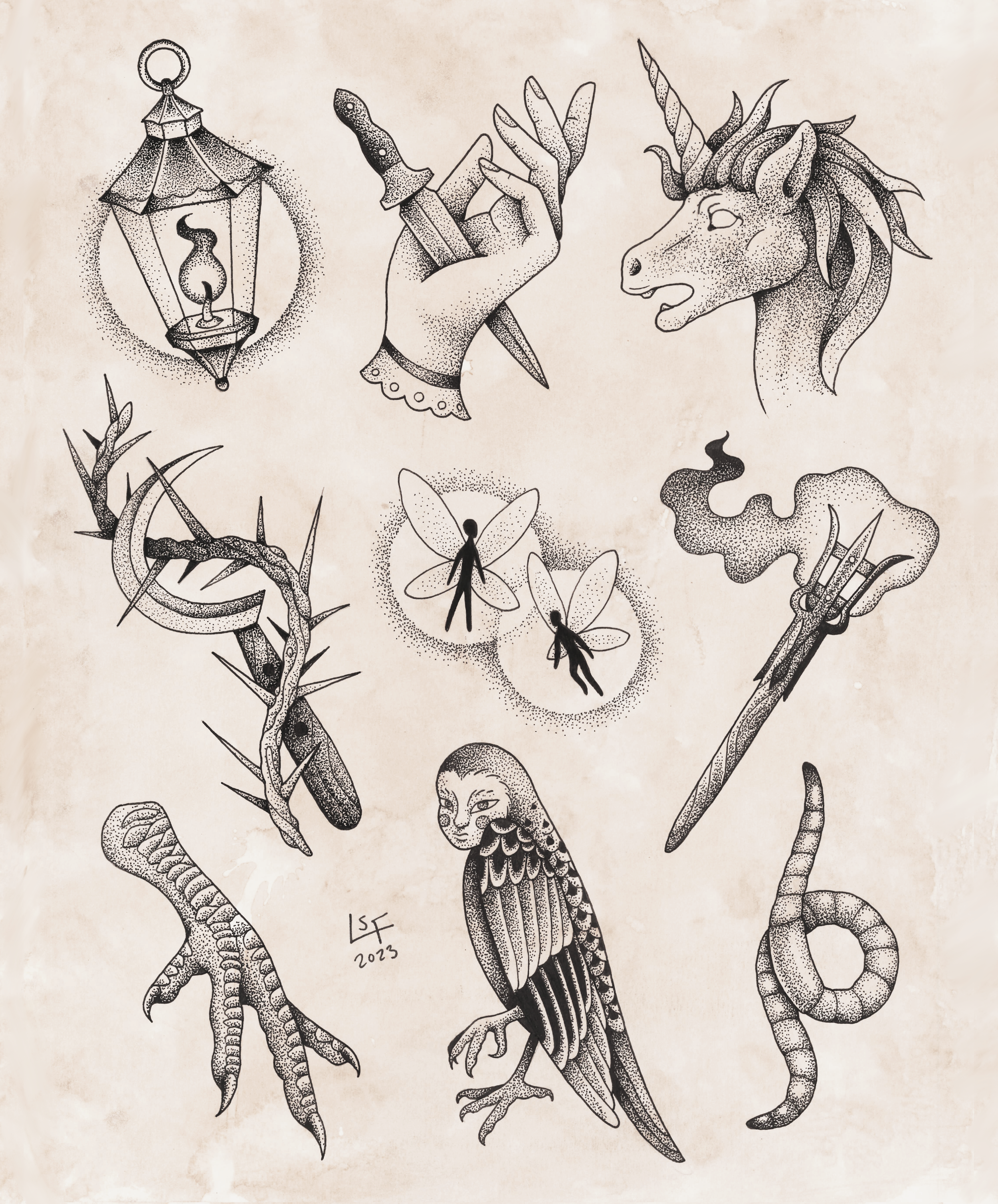 Black and white illustration features a rhinoceros with a dragon's head, a bird with a long beak, a human figure with wings, a snake, a firefly, and various plant elements, all in a stylized, tattoo-like art style.