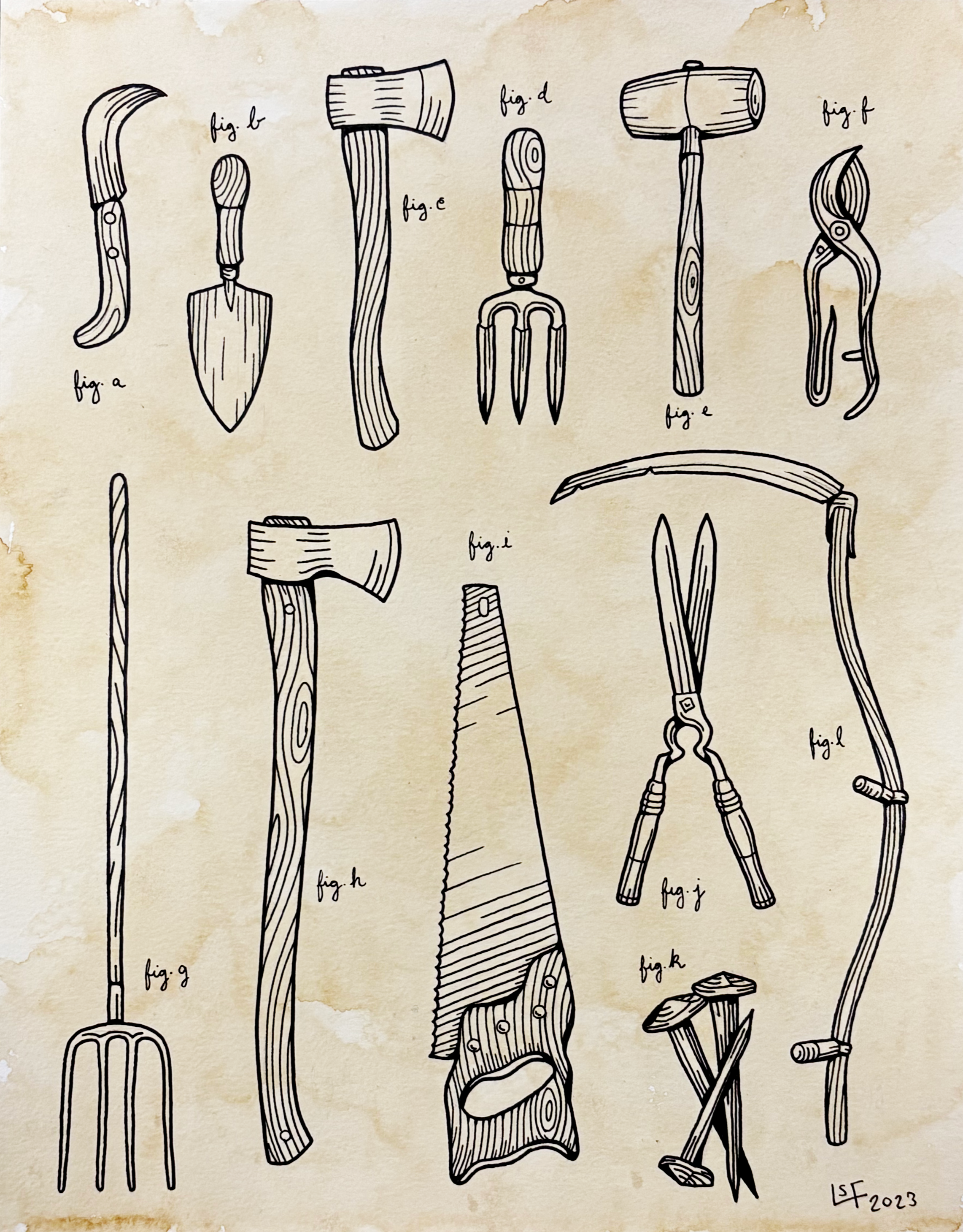 Drawing of various gardening tools, including a sickle, trowel, axe, pitchfork, hammer, pruning shears, and a saw, each labeled with figure letters.