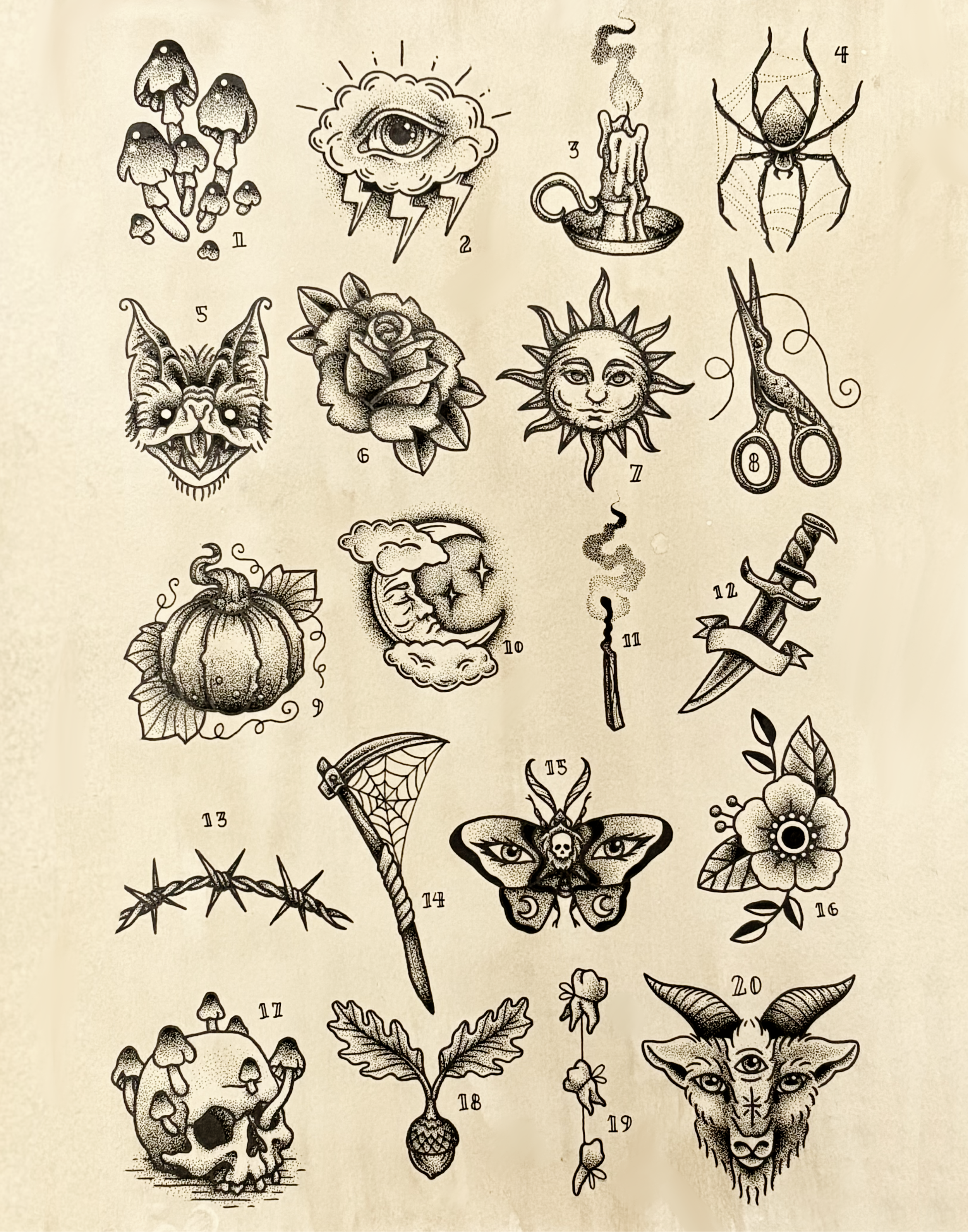 A collection of black and white tattoo-style illustrations of various objects including mushrooms, clouds, flames, a spider, a wolf skull, a rose, the sun with a face, a moth with a skull on its forehead, a pumpkin, a crescent moon with a face, a spi