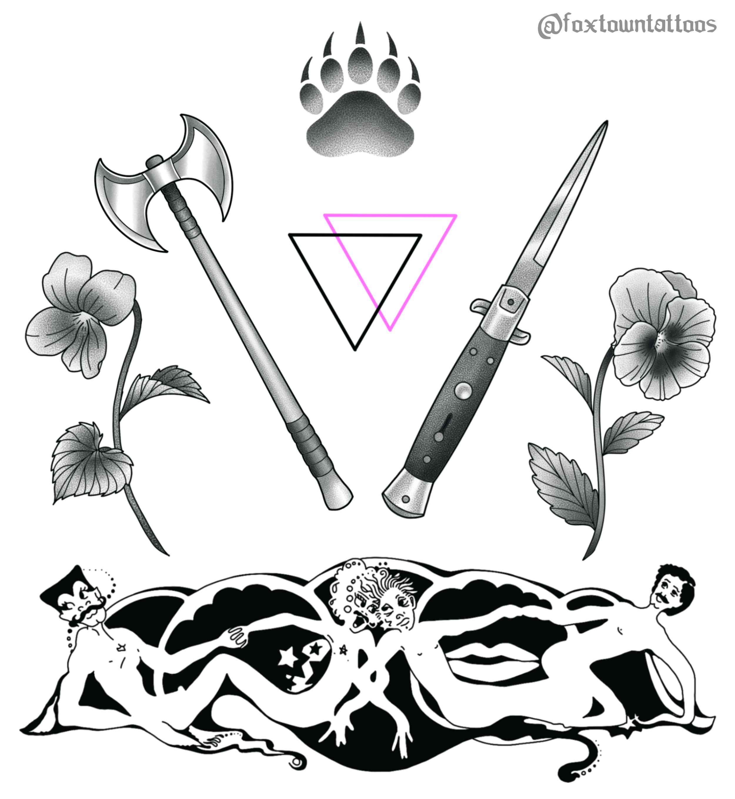 Black and white tattoo-style illustration featuring flowers, a bear paw print, and a hat with moon and star symbols.