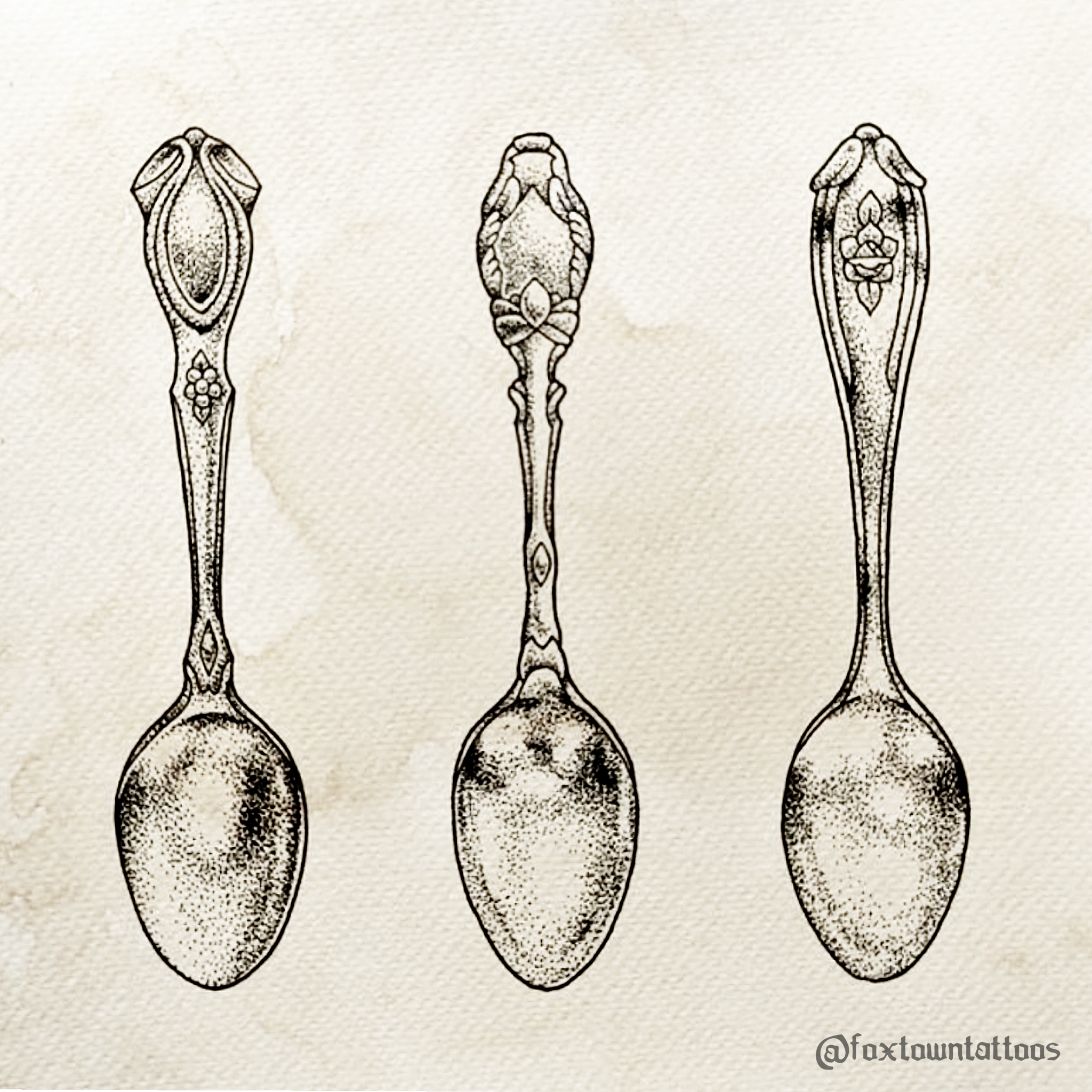 Black and white line drawings of three stylized, ornamental sparrow feathers, each with intricate decorative patterns, arranged in a horizontal line on a textured background, with a watermark reading '@troxtountattoos' at the bottom right corner.