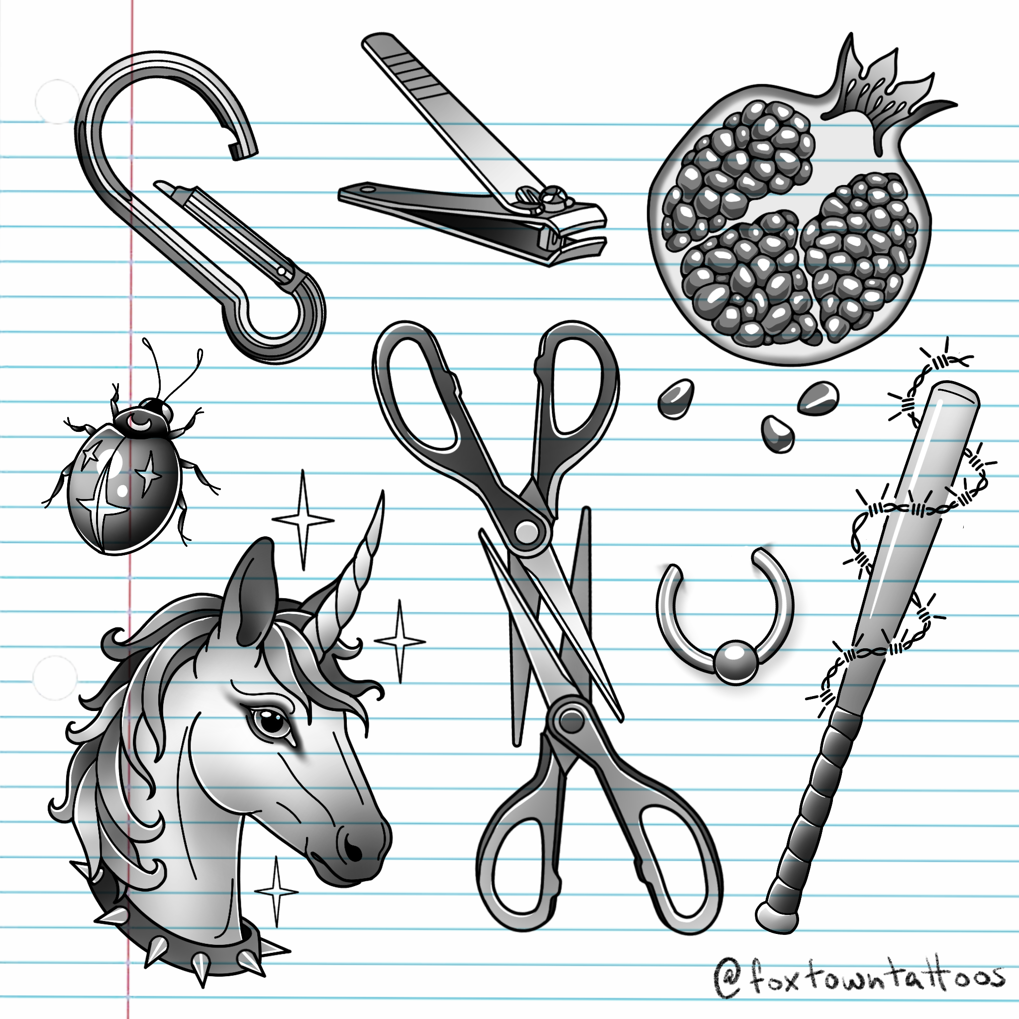 A black and white illustration on lined notebook paper showing various objects including a crown, a stapler, a fish with scales and fins, a ladybug with spikes, a pair of scissors, a pencil, and a small bug or insect, with the Instagram handle '@foxt