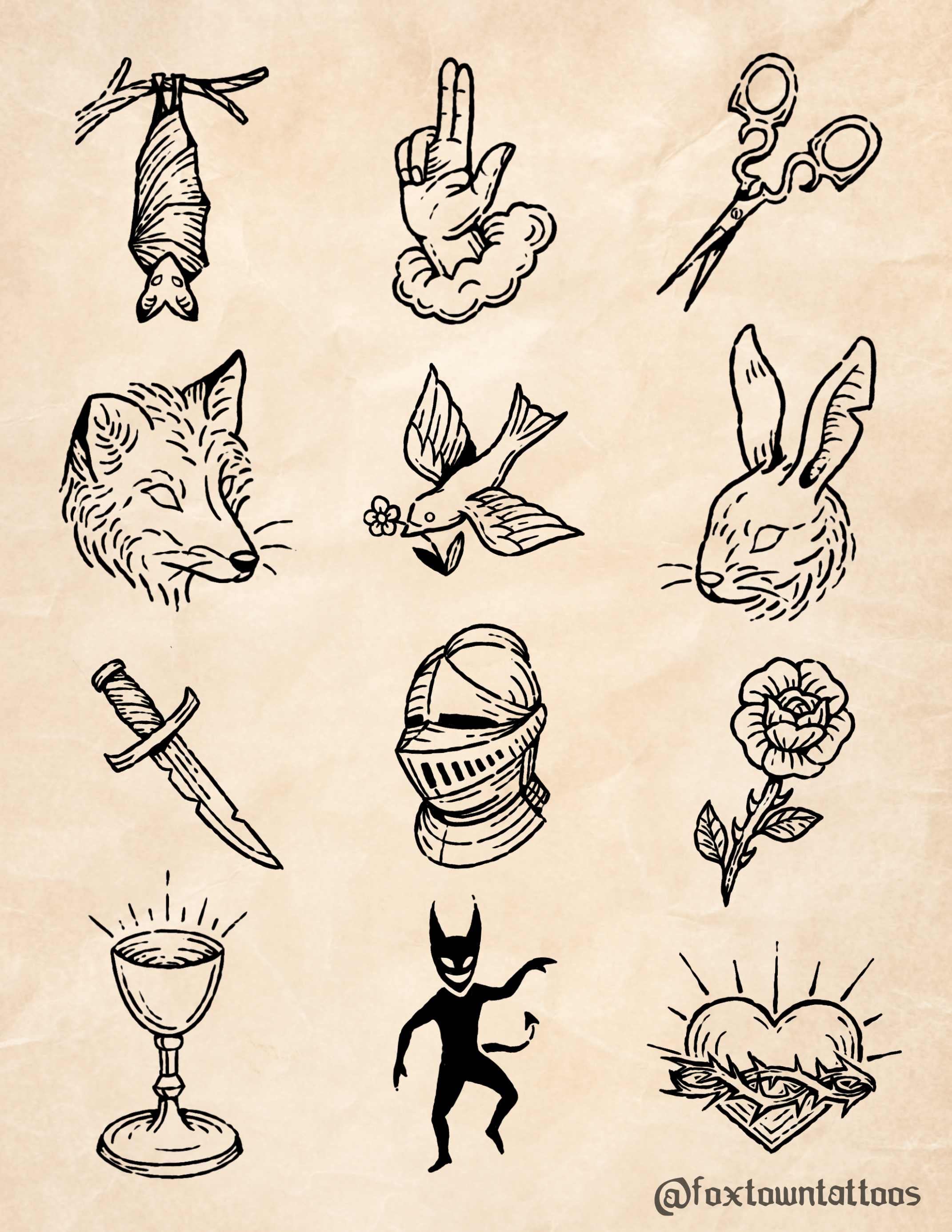 Collection of black and white tattoo-style sketches on a beige background, including a hanging bat, a hand making the peace sign, a pair of scissors, a wolf's head, a fish with a flower, a jumping cat, a lantern, a pie with a spoon, a heart with a li