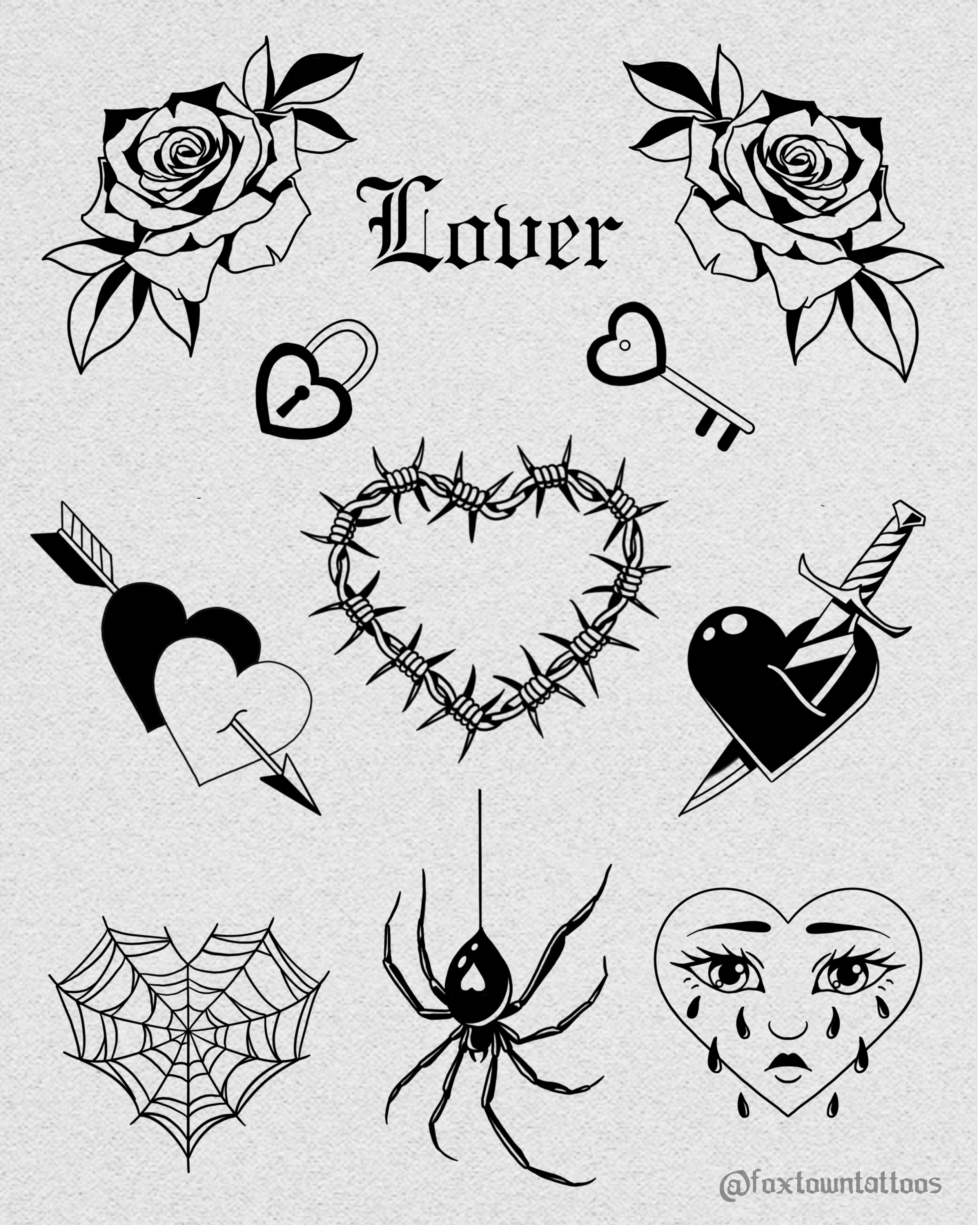 Black and white tattoo-style illustration featuring roses, a heart-shaped lock and key, spider, spiderwebs, a skull, and a teardrop-faced girl.
