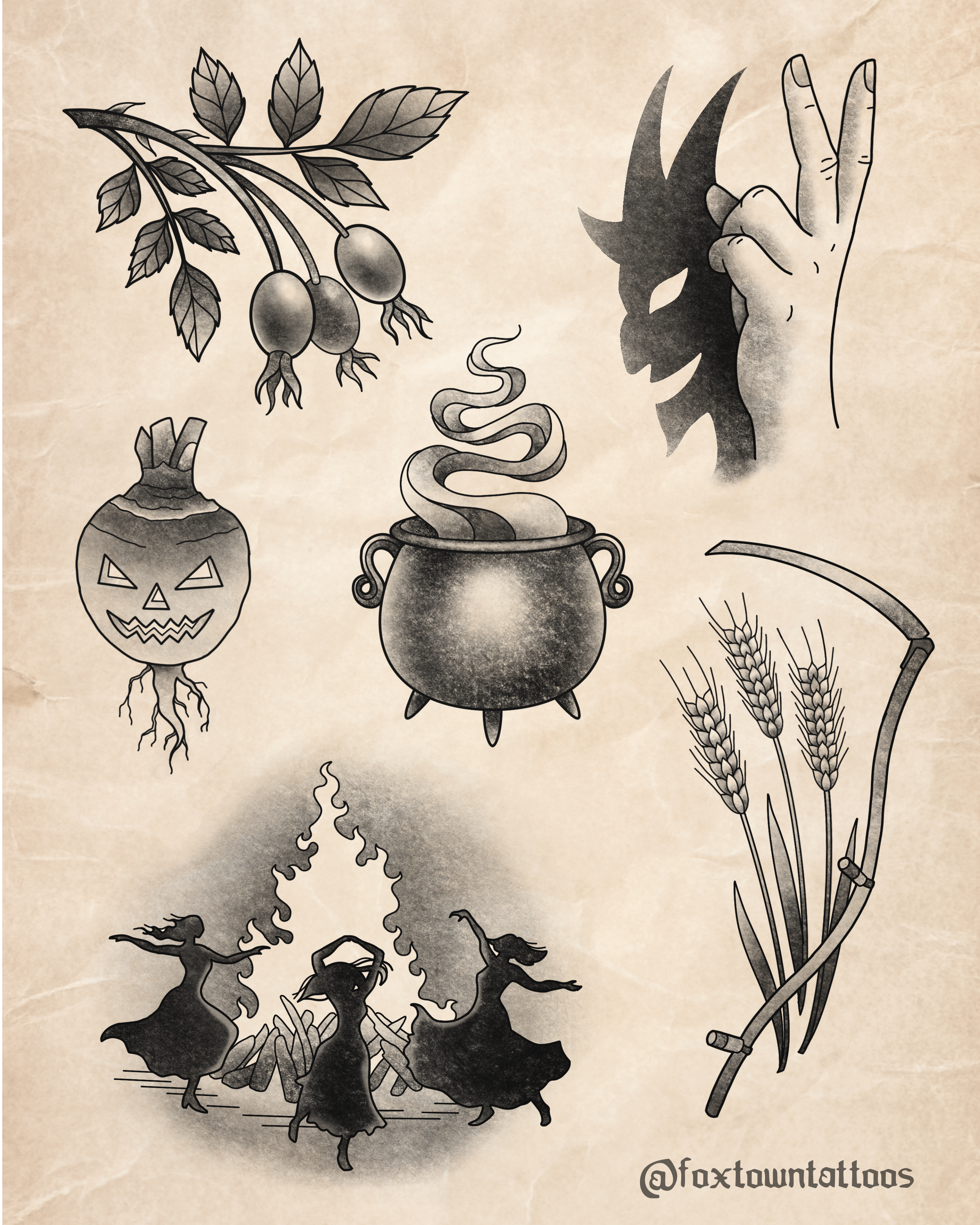 Black and white illustration of a witch's head with a beard and a tall hat, holding a broomstick, with wheat stalks and a pumpkin with a face on it nearby.