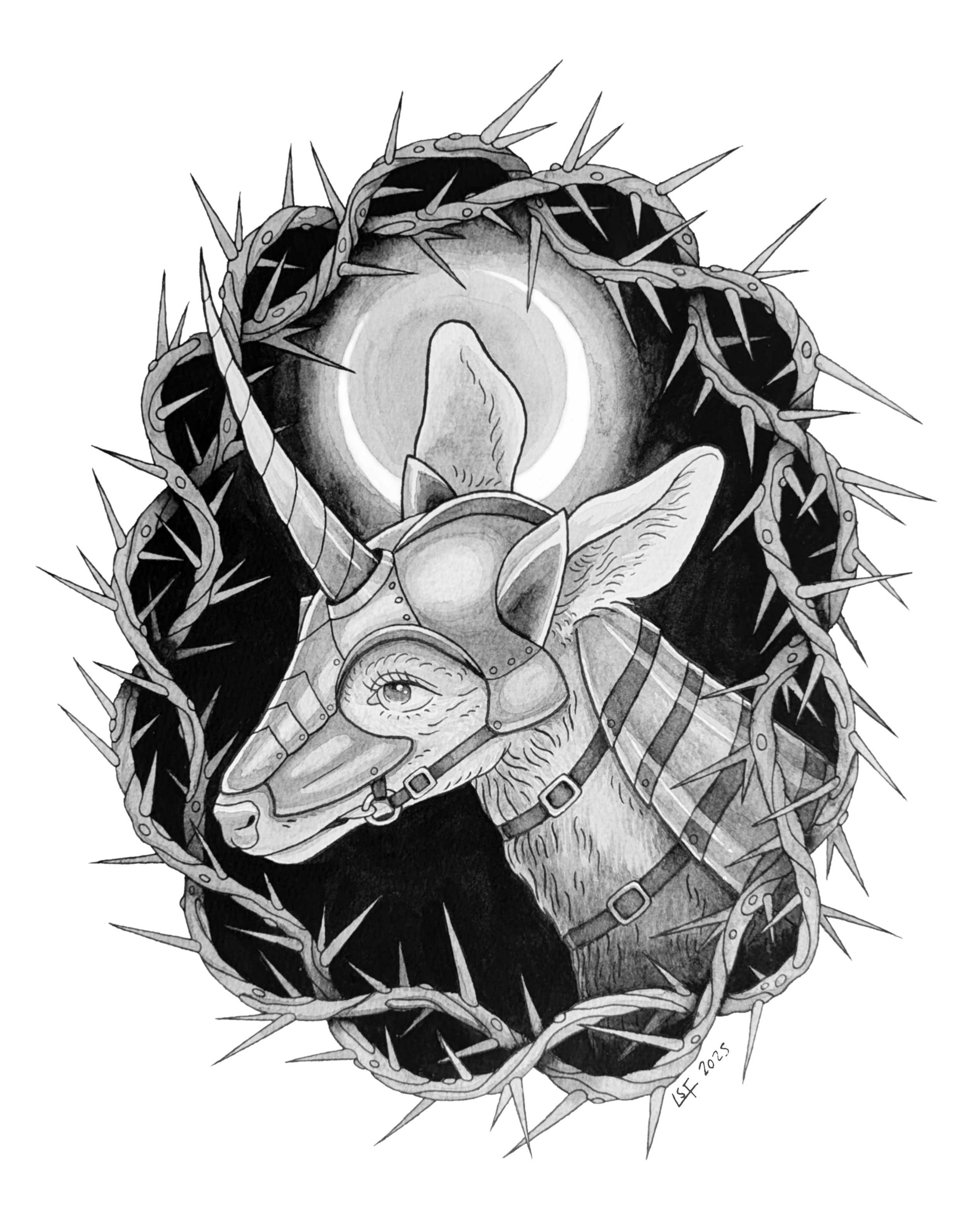 Black and white watercolour painting of a unicorn in plate armour, surrounded by a twisted wreath of thorns.