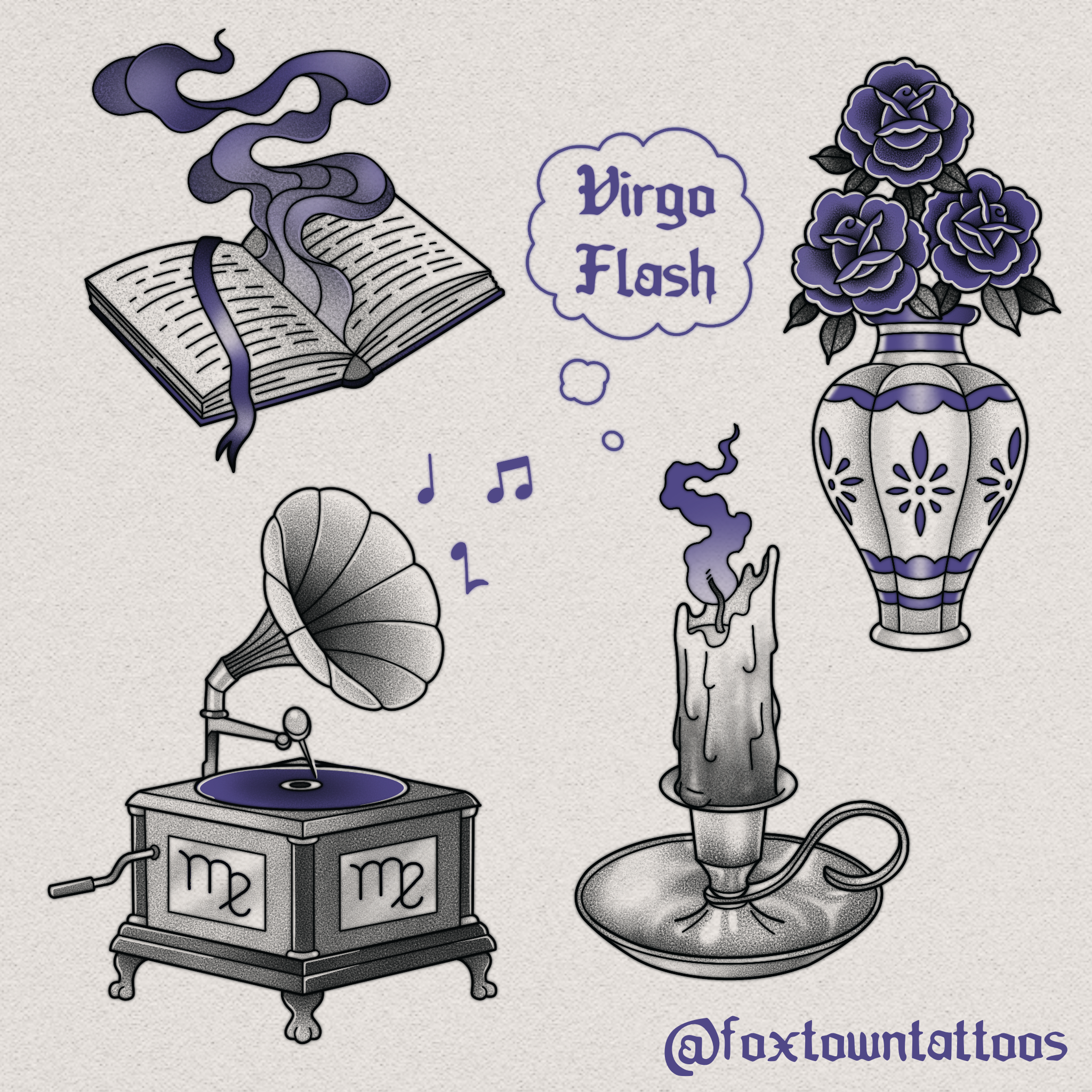 Plant and music-themed tattoo design featuring an open book with purple smoke, a turntable on a table, a bouquet of purple roses in a cup, and the words 'Virgo Flash' with the Instagram handle '@oxtowntattoos'.