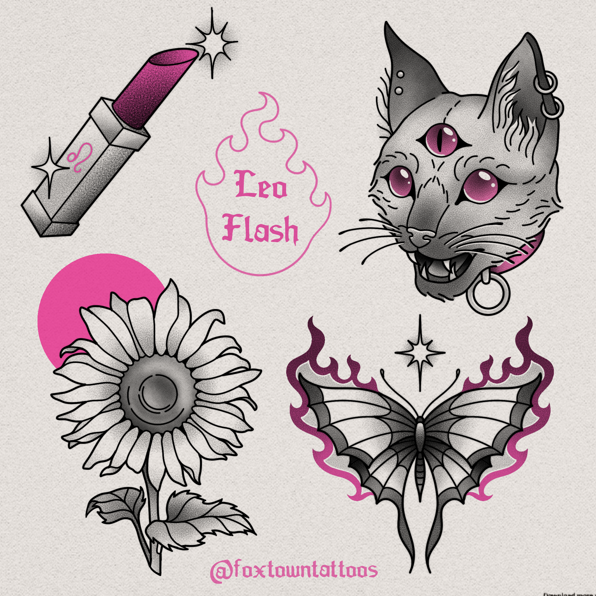 A tattoo design featuring a black and gray cat with purple eyes and a leather collar with rings, alongside a pink moon, a flower, and a lipstick tube with sparkles and the words 'Leo Flash' in pink with a decorative flame design, and the handle '@fox