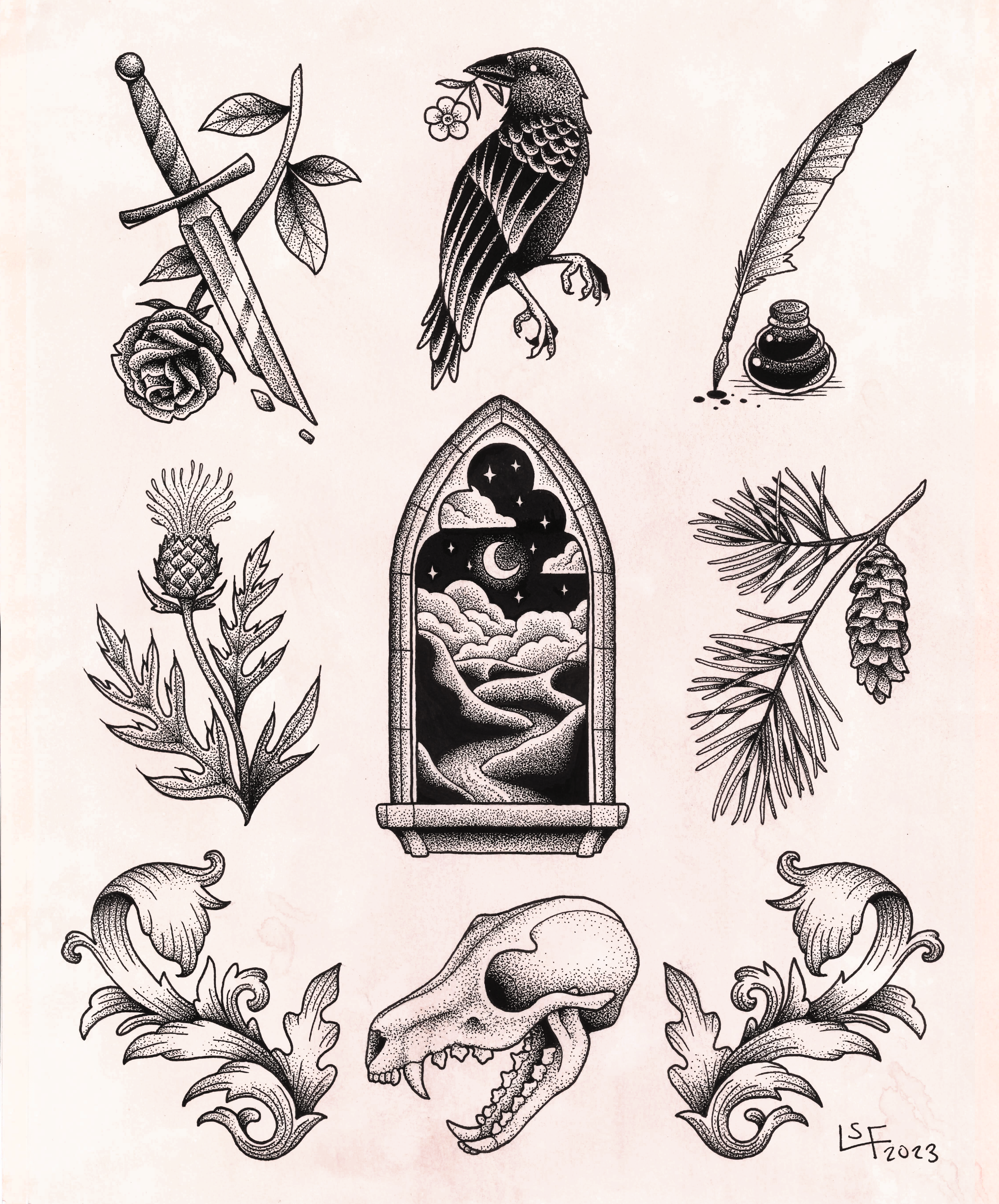 Black and white illustration featuring a central art window with a night sky, moons, clouds, and mountains. Surrounding the window are various botanical elements such as a pinecone, a flower, and branches, as well as a bird holding a small flower in 