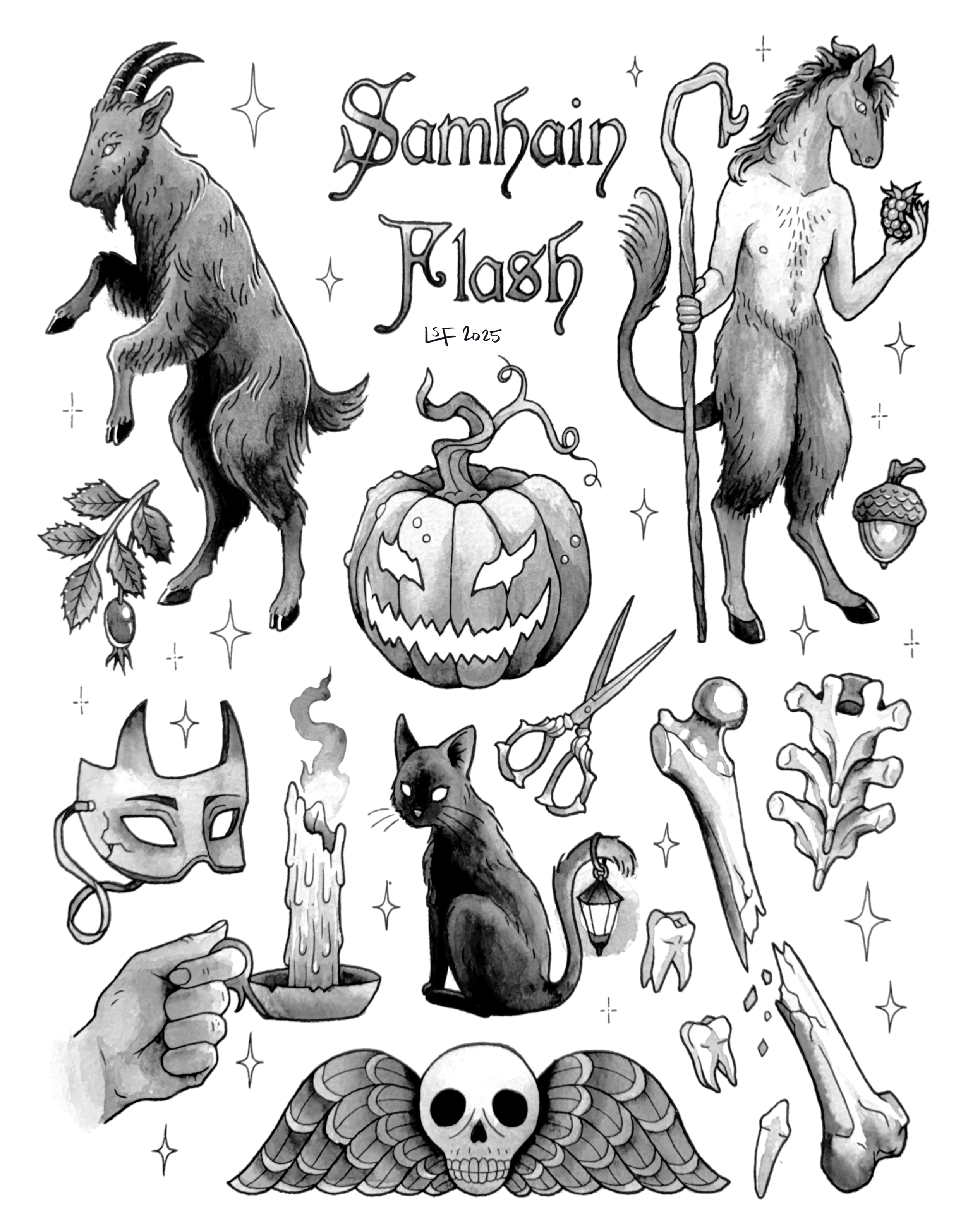 Black and white illustration with the text 'Samhain Flash' and various Halloween-themed images, including a goat, a puka, a pumpkin, a skull with wings, a cat, an acorn, and other spooky symbols.