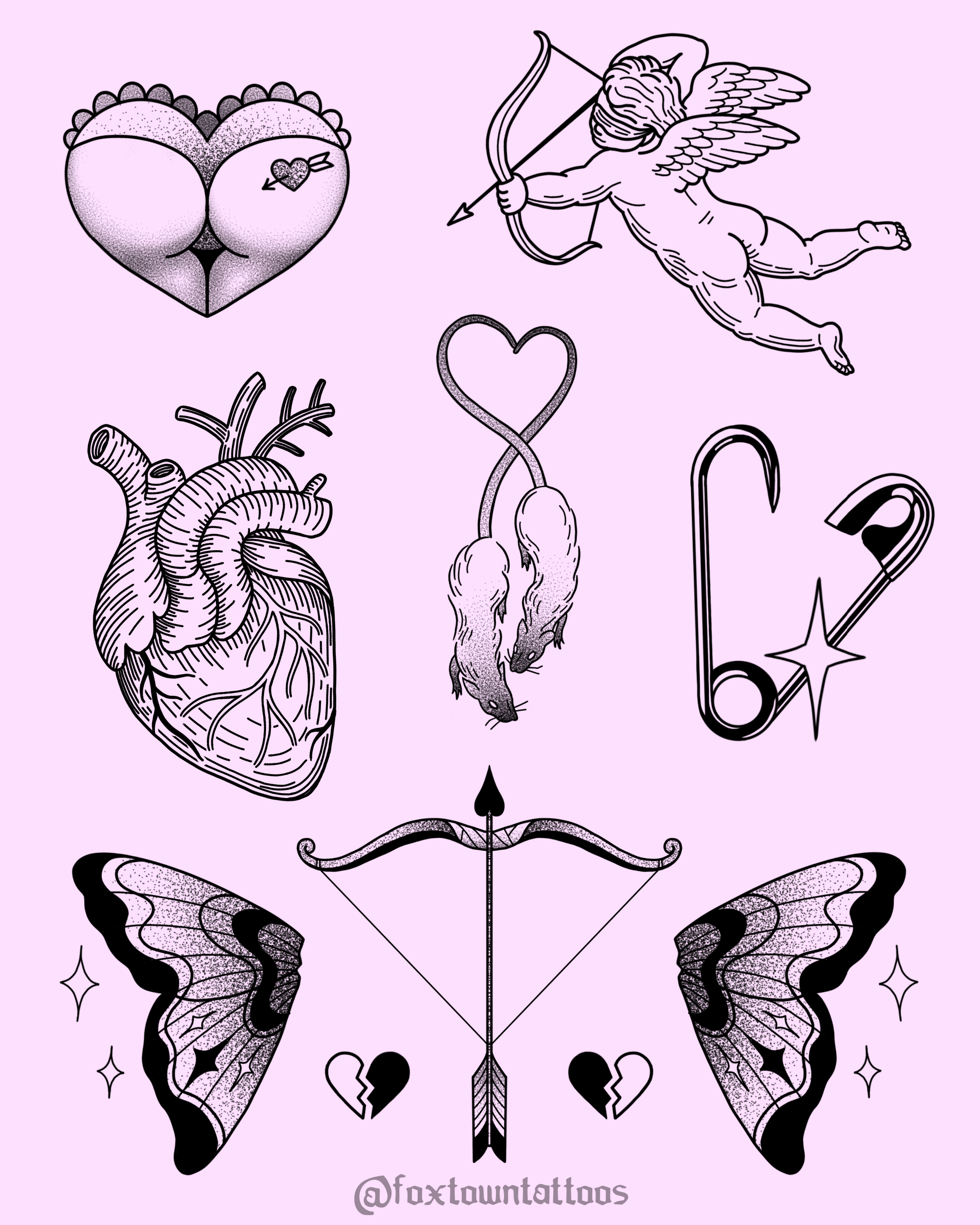A black and white illustration of a butterfly with detailed wings, a heart with an arrow through it, a realistic human heart, and a cupid with a bow and arrow, all on a light pink background. The text '@foxtowntattoos' is at the bottom.