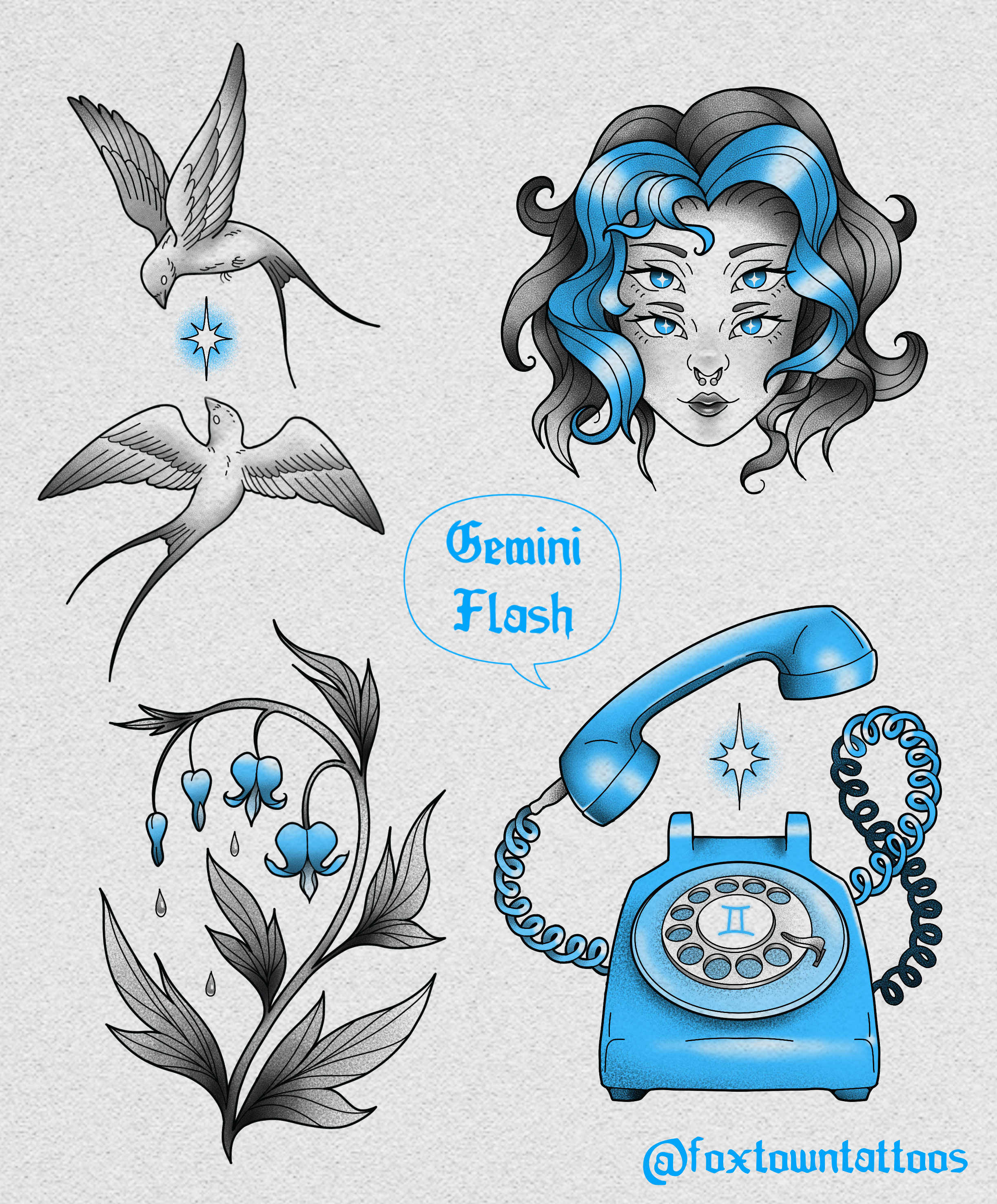 Illustration of a Gemini zodiac sign with two blue-eyed faces merged into a single person with black and blue hair, vintage telephone, and decorative elements including leaves and stars, with a speech bubble saying 'Gemini Flash' and a watermark '@fo