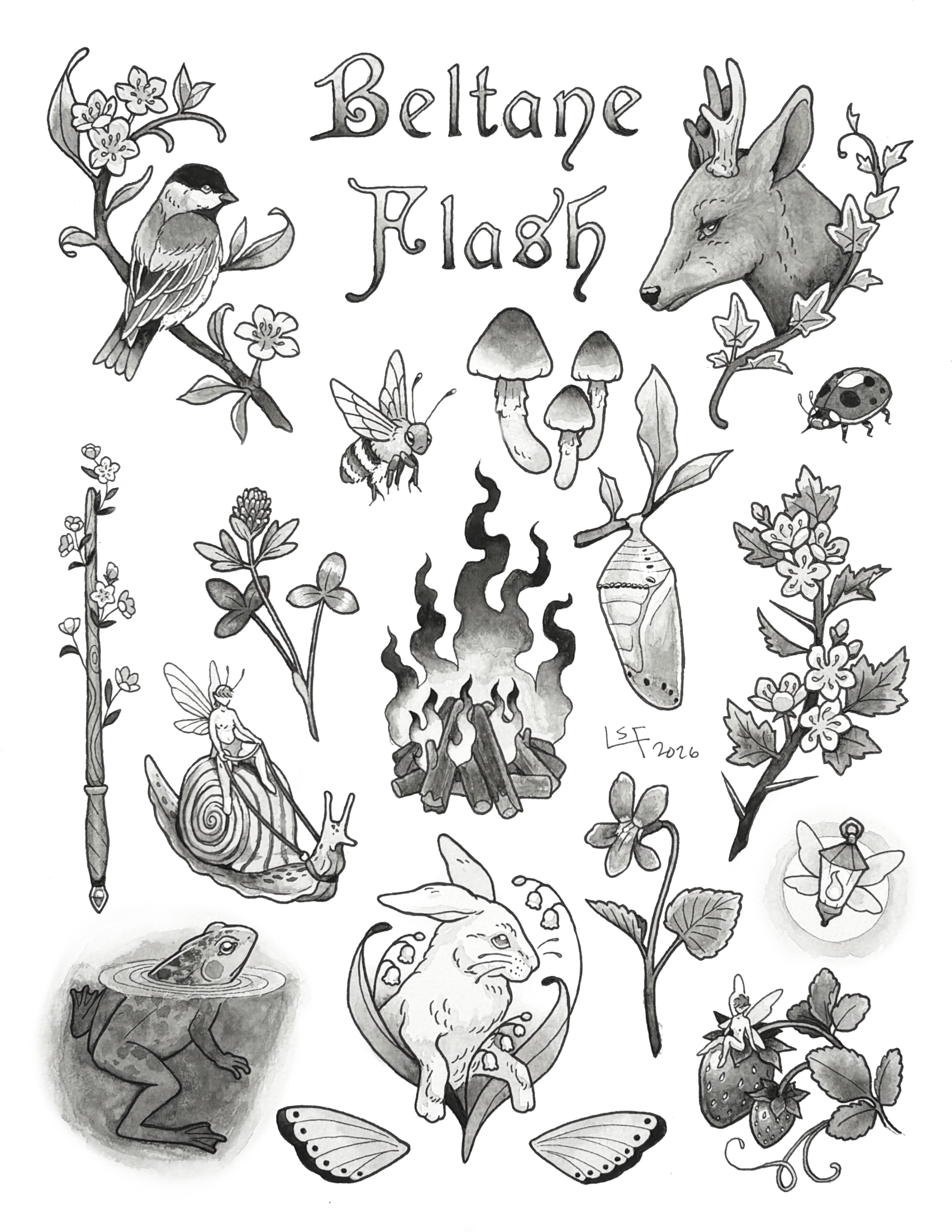 Black and white drawing with the words 'Beltane Flash' at the top. Illustrations include a bird on a branch, a chrysalis , a snail, bugs, mushrooms,  a rabbit, a frog, a bonfire, a fairy, and various plants.
