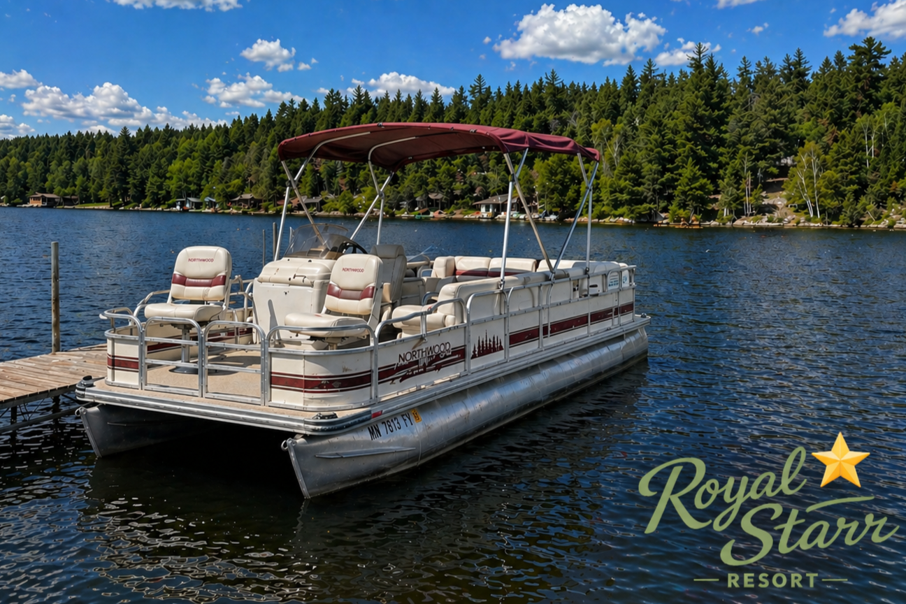 A pontoon boat docked at a marina on a lake with a forested shoreline and a partly cloudy sky in the background. The boat has a canopy, multiple seats, and a logo that reads 'Northwood'. The bottom right corner features the 'Royal Starr Resort' logo with a star icon.