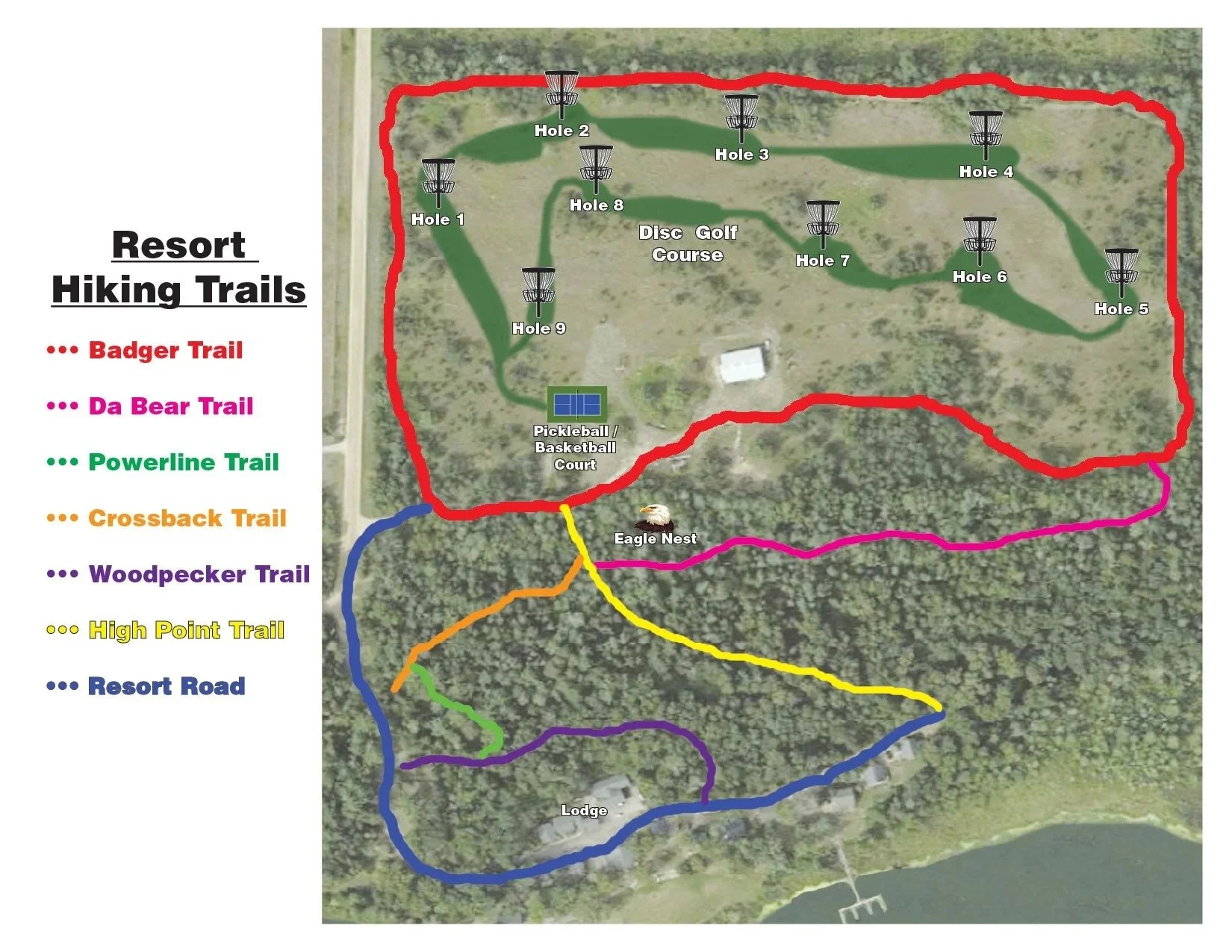 Map of resort hiking trails with various colored paths and labeled features such as holes, paddleball and basketball court, eagle nest, lodge, and roads.