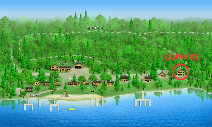 A lakeside campgrounds map showing cabins numbered 1 through 13, with Cabin 13 circled and labeled in red, a launch area, sauna, office, garage, hiking trail, and docks, all surrounded by trees and a body of water.