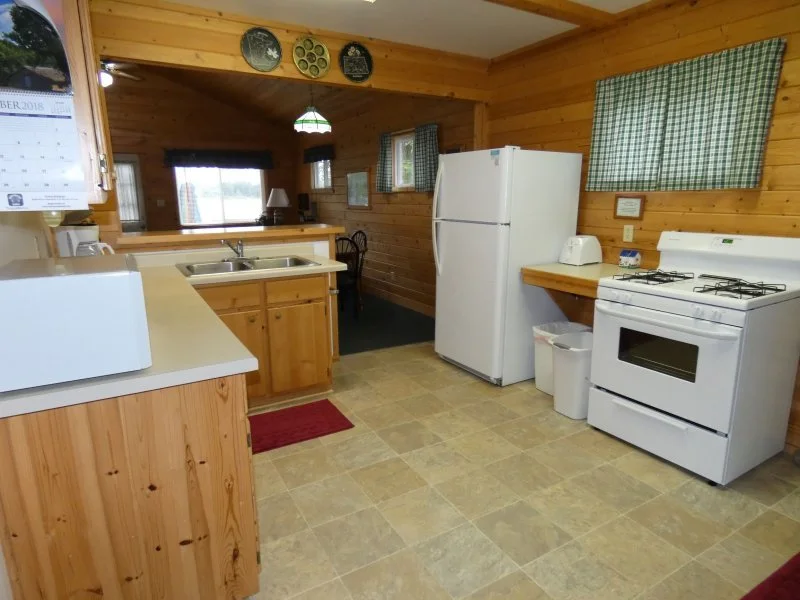 Kitchen with wood-paneled walls, white refrigerator, white stove, microwave, and small dining area with a window and green checkered curtains.
