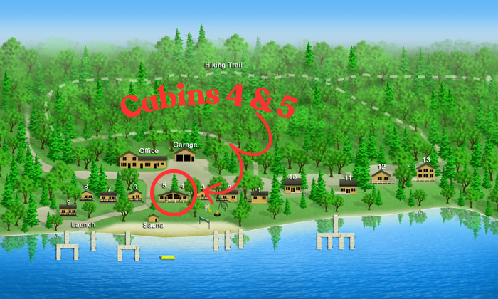 A lakeside cabin resort map showing numbered cabins, a launch area, sauna, office, garage, and hiking trail through a forest, with cabins 4 and 5 highlighted in red.