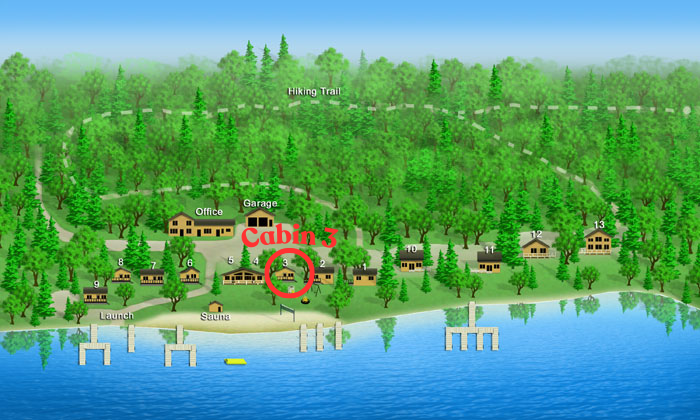 A lakeside camping area with multiple cabins numbered 1 to 13, a launch dock, sauna, office, garage, and hiking trail in a forested landscape.