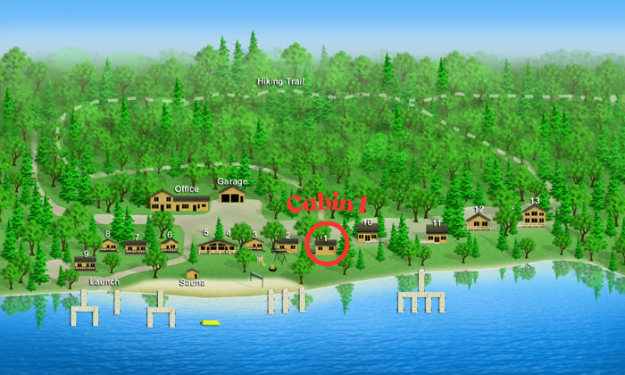 A lakeside camping area with numbered cabins, a launch area, sauna, office, and garage, situated among trees with a hiking trail in the forest behind.