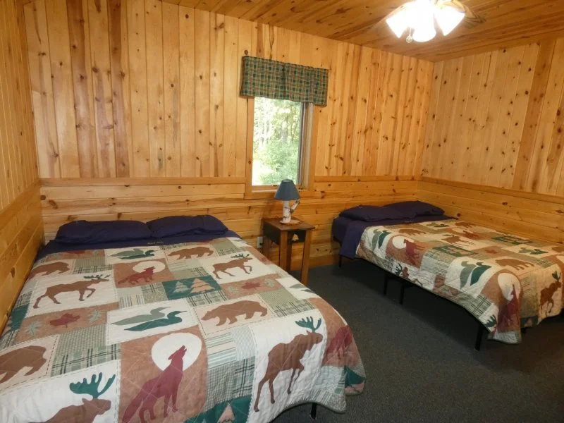 Two beds with moose and forest animal-themed bedding in a wood-paneled bedroom, with a small nightstand, a lamp, and a window with a curtain.