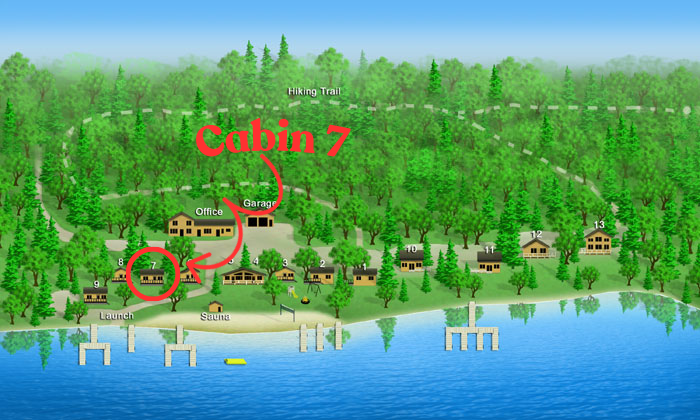 Illustration of a lakeside cabin area with a labeled Cabin 7, surrounded by trees and other numbered cabins, a dock with boats, and hiking trail in the background.