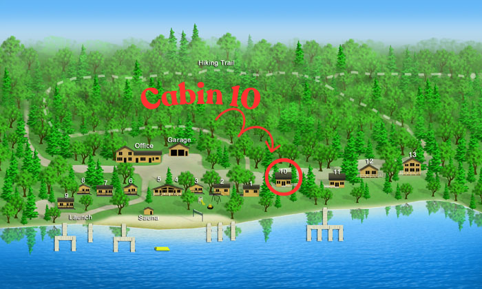 A lakeside camping area with cabins numbered 1 to 13, a launch point, sauna, office, garage, and a hiking trail through a wooded area. Cabin 10, highlighted with a red circle and label, is located near the shoreline, and the hiking trail leads into the forest behind the cabins.