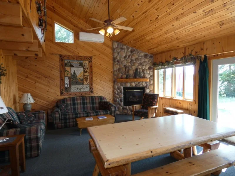 Cozy living room with wood-paneled walls and ceiling, stone fireplace, plaid sofas, wooden tables, a ceiling fan, and large windows with greenery outside.