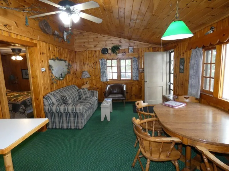 A cozy living room with wood-paneled walls and ceiling, featuring a ceiling fan with lights, a plaid sofa, a small lamp, and a dark leather chair. There are windows with blue checkered curtains, a door, and a green hanging light fixture over a round wooden dining table surrounded by wooden chairs. An opening reveals a bedroom with another ceiling fan and bed.