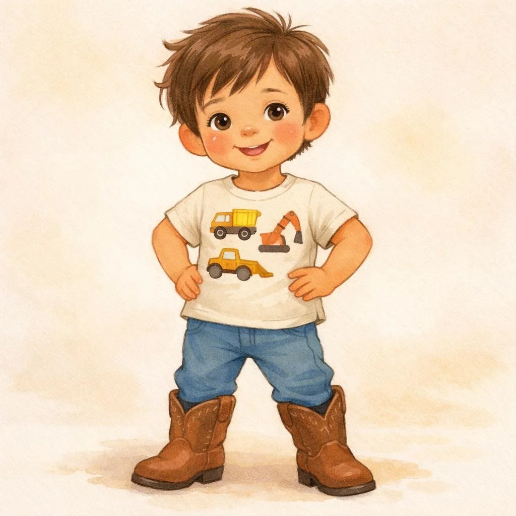 Cartoon of a young boy with brown hair wearing a white t-shirt with construction vehicles printed on it, blue jeans, and brown cowboy boots, standing confidently with hands on his hips against a plain background.