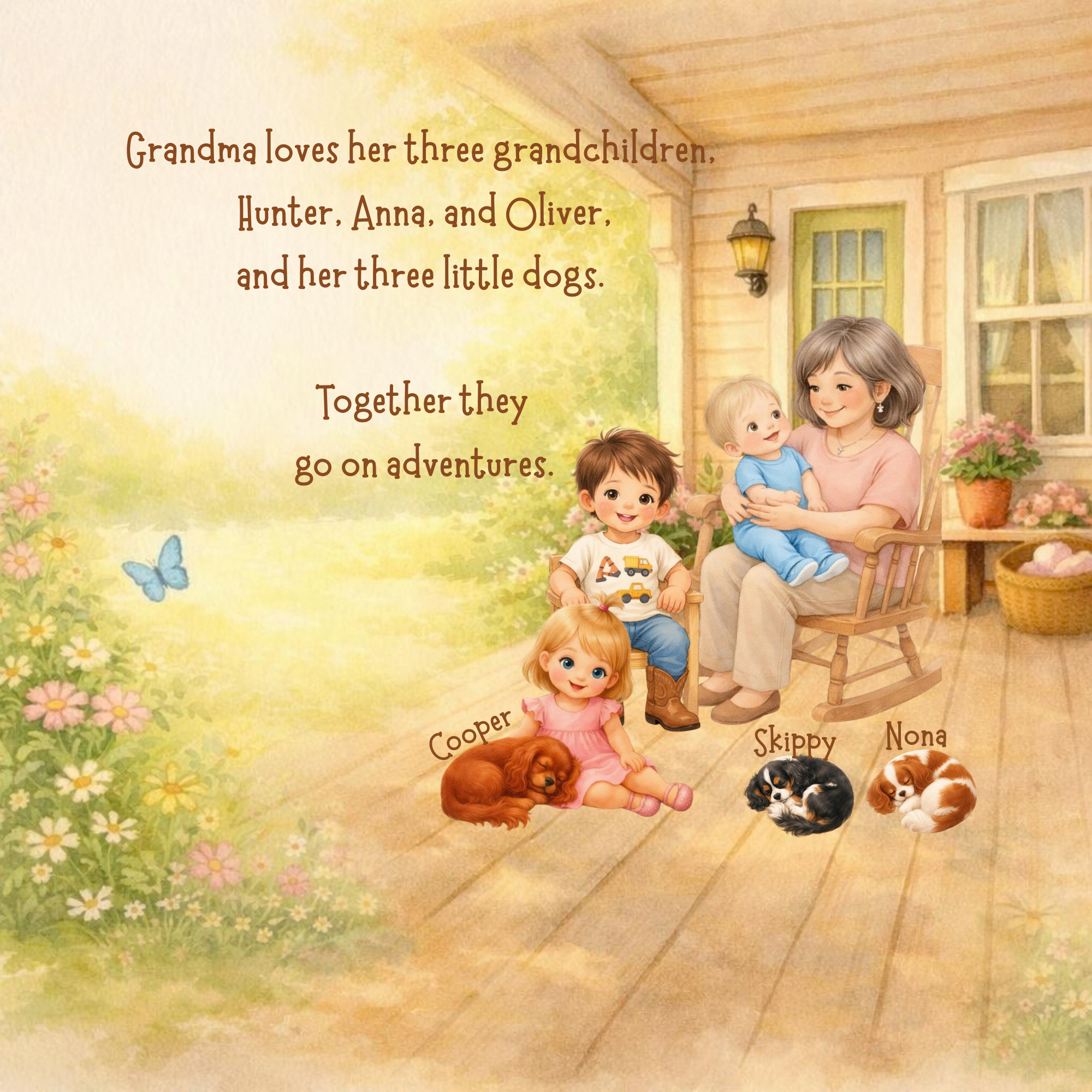 Illustration of a grandmother with three grandchildren and three small dogs sitting on a porch with flowers and a butterfly, with text about her love for her family.