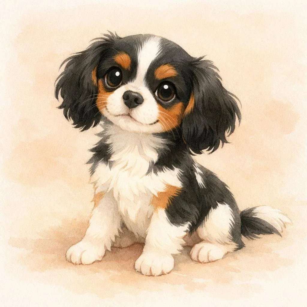 A cute, illustrated puppy with large eyes and floppy ears, sitting on a neutral background.