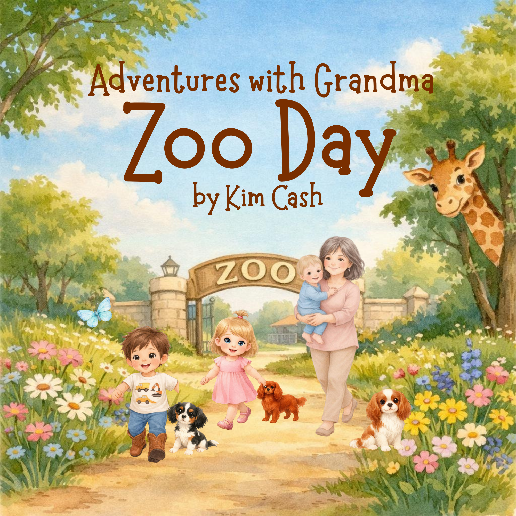 An illustrated scene of a woman walking with two children and several dogs at a zoo entrance surrounded by flowers, trees, and a giraffe