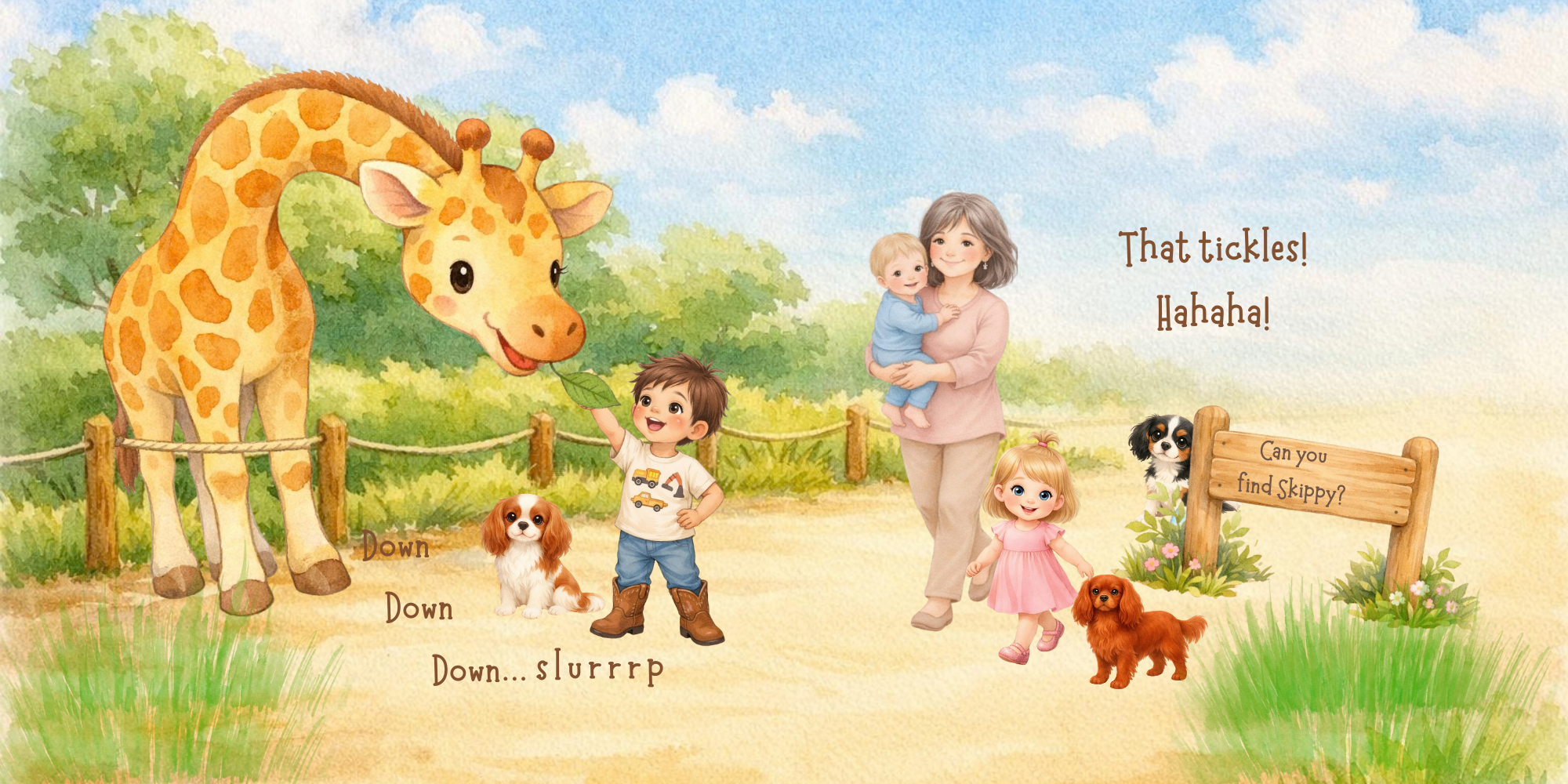 Children and a woman watching a friendly cartoon giraffe in a park with trees, dogs, and a sign asking 'Can you find Skippy?'