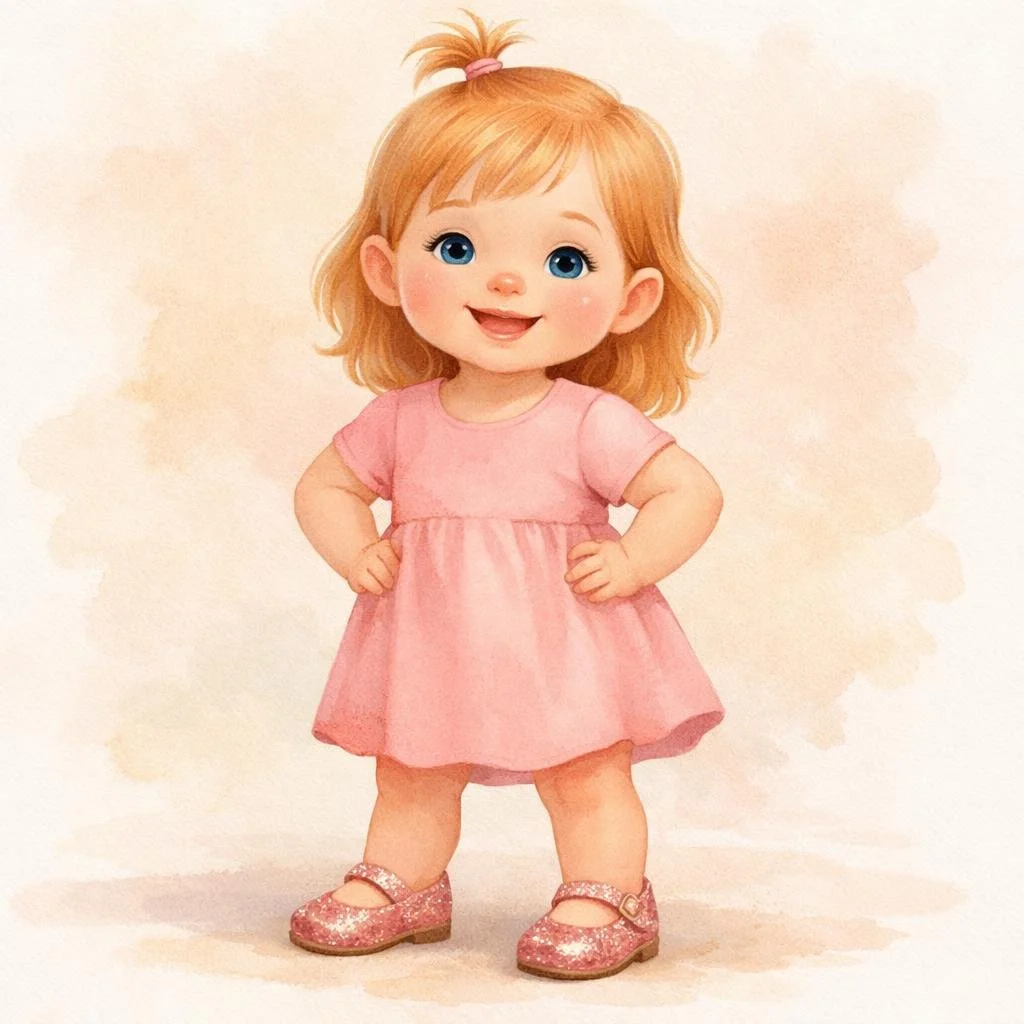 Illustration of a happy young girl with blonde hair, wearing a pink dress and pink glittery shoes, standing with hands on her hips.