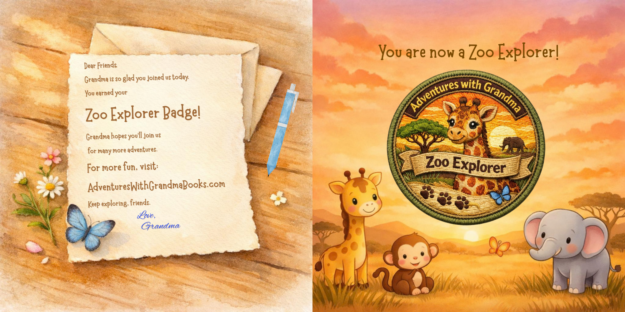 A digital illustration of a children's badge with a sunset safari scene featuring a giraffe, elephant, and monkey. The badge reads 'Adventures with Grandma' and 'Zoo Explorer.' The background shows a savannah with trees and a setting sun, with butterflies flying around.