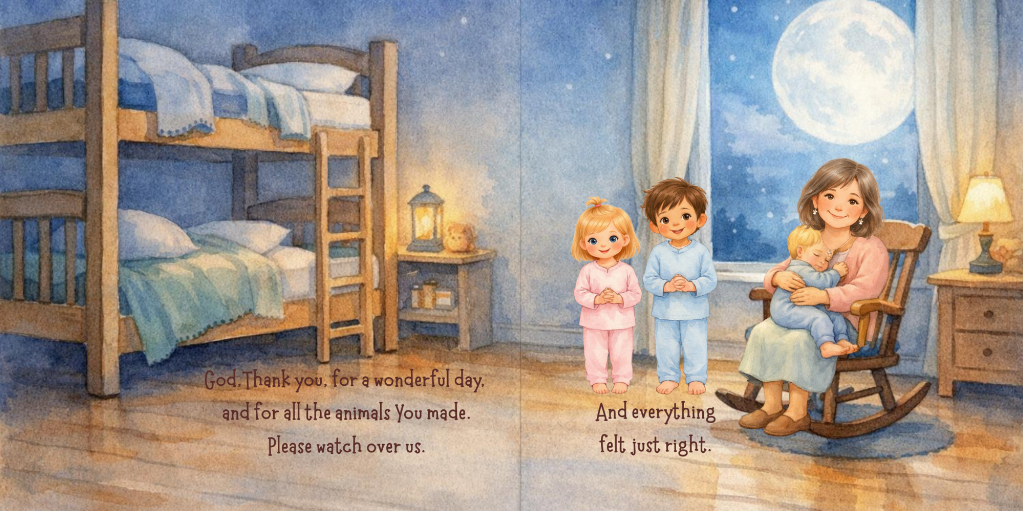 An illustrated scene of a mother sitting in a rocking chair holding a sleeping baby while two other children stand nearby in pajamas inside a cozy room with a bunk bed, nightstand, and a window showing a full moon and stars.