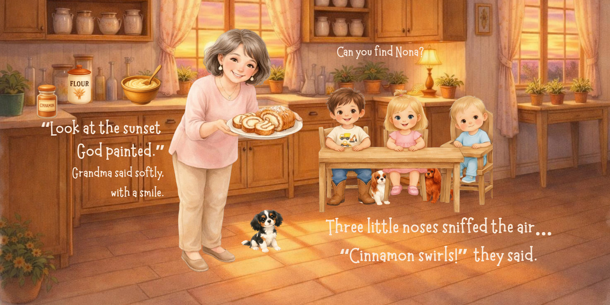 An illustrated scene of a cozy kitchen at sunset with a grandmother holding a plate of cinnamon rolls, three young children sitting at a wooden table, and three small dogs on the floor. The scene includes warm lighting, wooden cabinets, potted plants, and a window with pink curtains. The image contains a poem about a grandmother's gentle moment and children's playful sniffing of cinnamon.