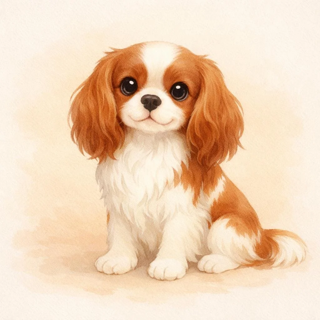 Digital illustration of a Cavalier King Charles Spaniel puppy with large eyes, floppy ears, and a white and brown coat, sitting on a plain background.
