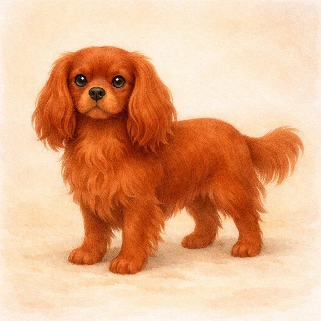 Illustration of a brown, long-haired dachshund dog with floppy ears standing on a light-colored surface with a plain background.